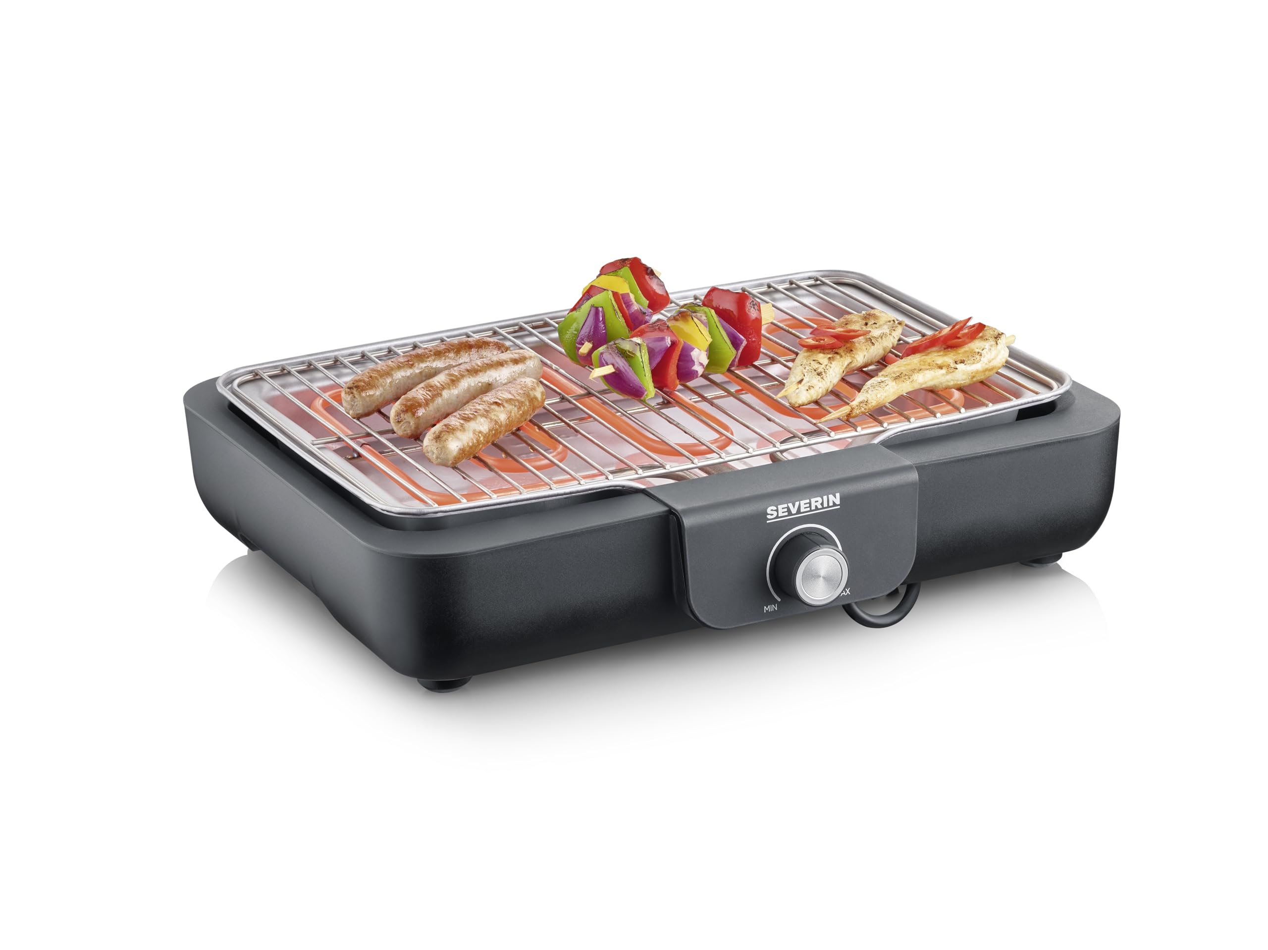 SEVERIN PG 8554 grill stołowy z rusztem do grillowania ze stali nierdzewnej, do użytku wewnątrz i na zewnątrz, 2300 W, 37 x 29 cm, regulacja temperatury, sterowany termostatem, czarny, PG 8554