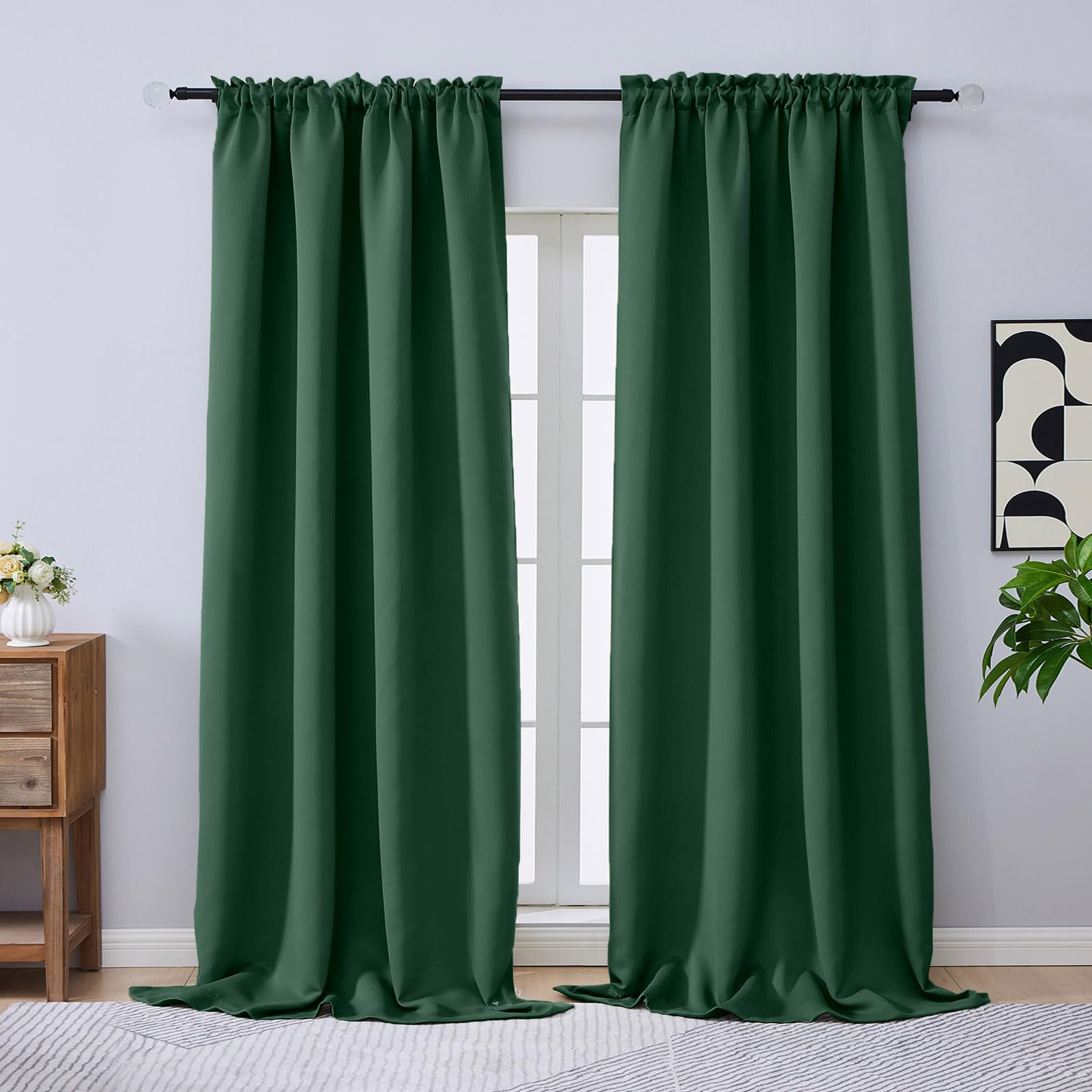 OVZME Christmas Green Blackout Curtains 96 Inch Length 2 Panels Set, Solid Thermal Insulated Room Darkening Soft Fabric Privacy Curtains for Sliding Door, Dual Rod Pocket Window Drapes, 2x50Wx96L