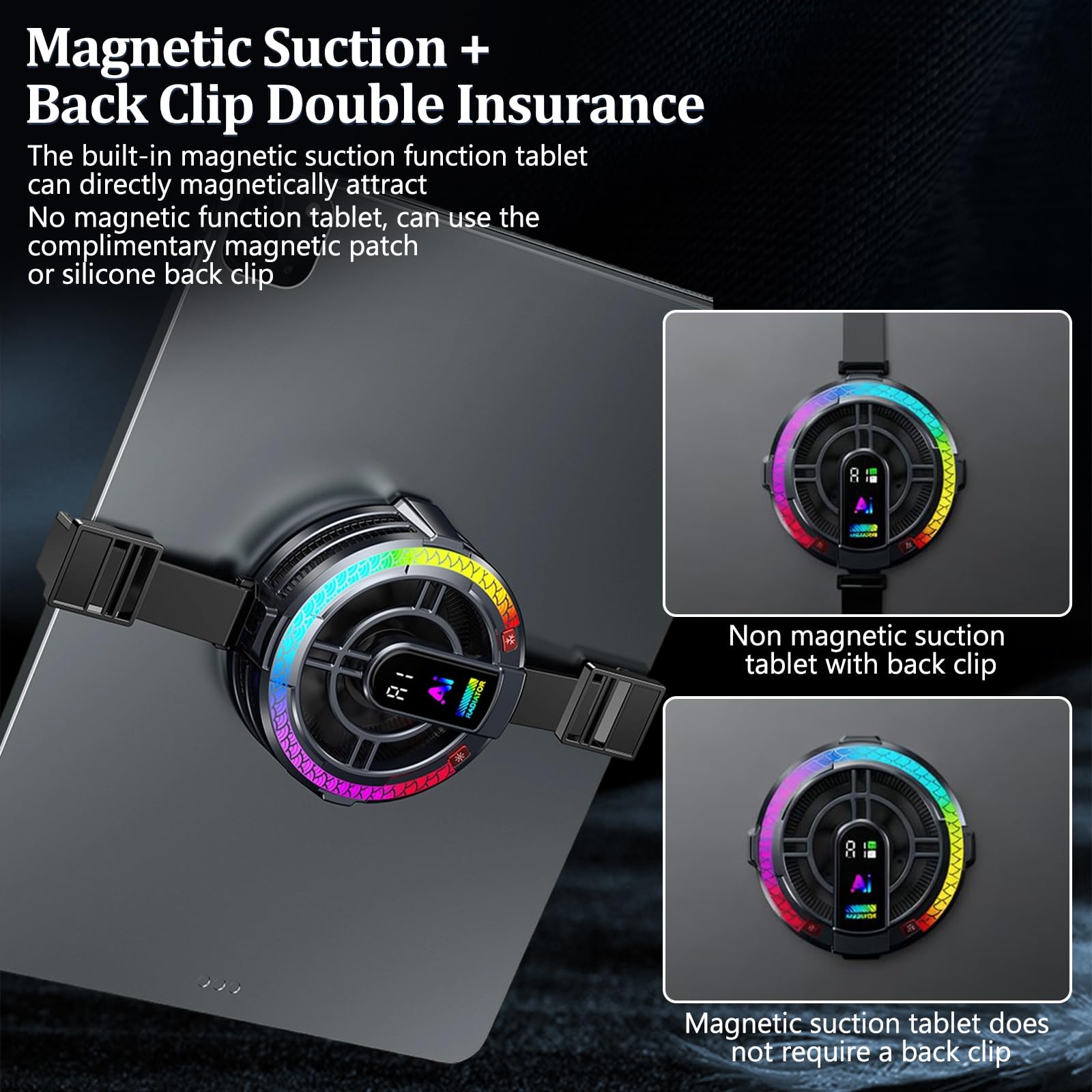 Raffreddatore magnetico per tablet con 4 modalità di raffreddamento, doppio display digitale di temperatura e potenza elettrica, radiatore universale per telefoni cellulari/tablet/iPad