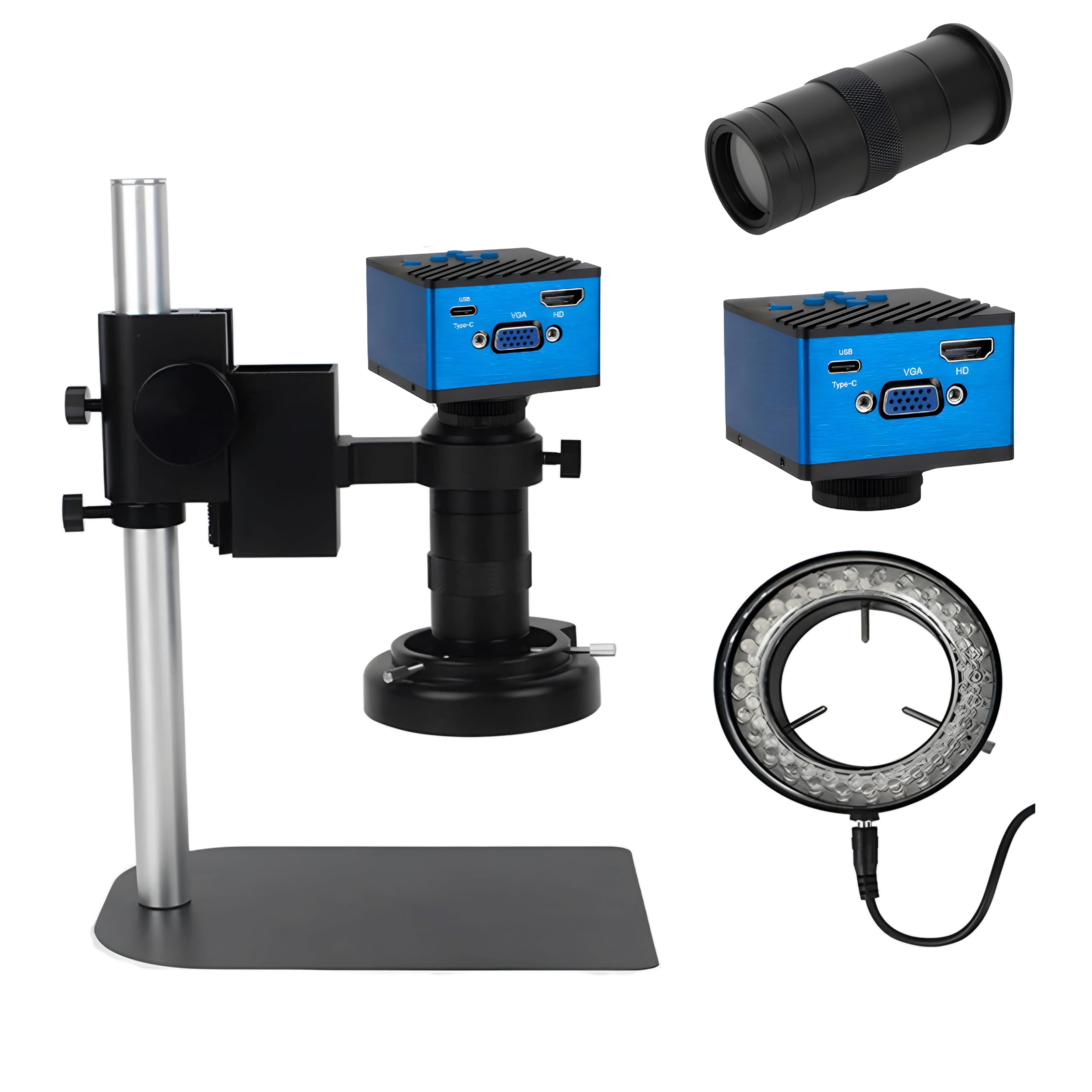 DKP Medicams Microscope Sets HD 13MP 60F/S HDMI VGA Industrial Microscope Camera+130X C Mount Lens+56 LED Ring Light for Phone Chip Repair