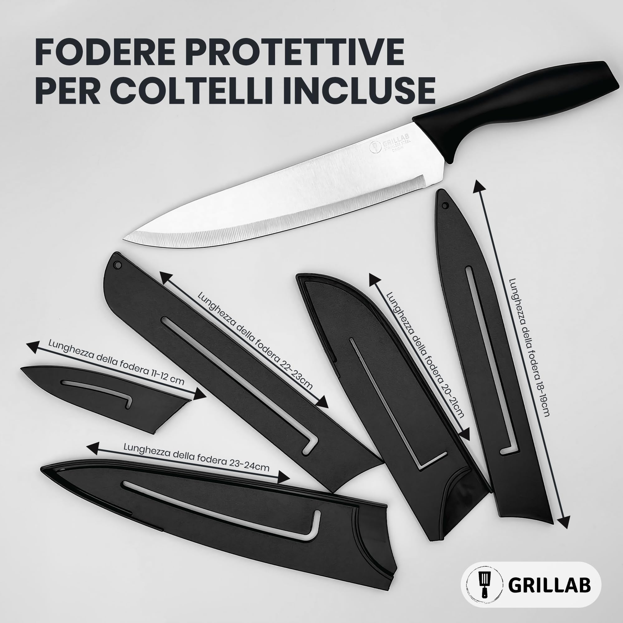 Coltelli da Cucina Professionale, 10 Pezzi in Acciaio Inox, Guaina Protettiva, Coltello Chef, Santoku, Pane, Affettare, Spelucchino per Carne e Verdure
