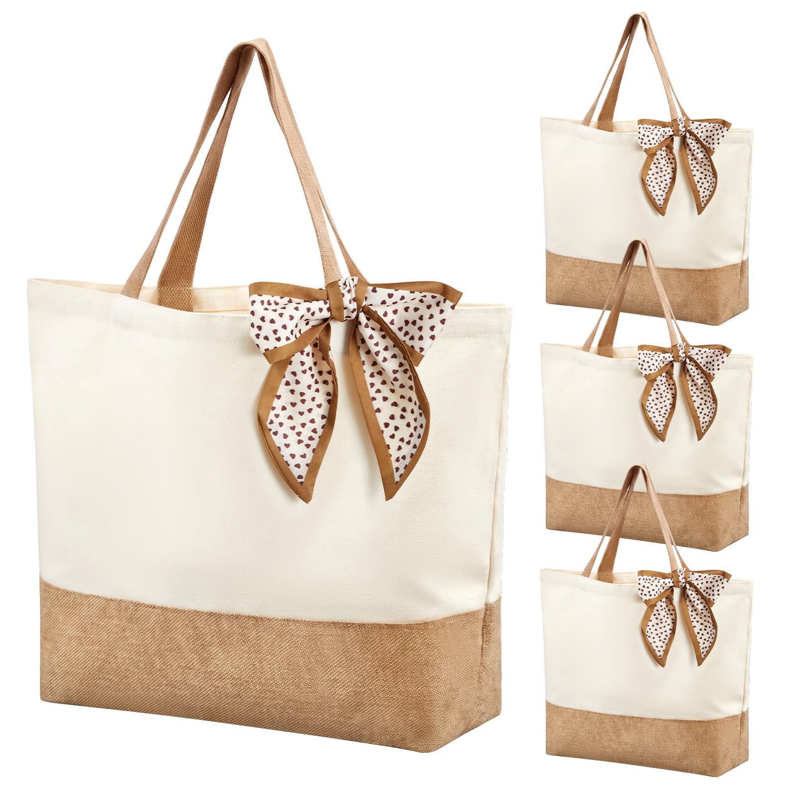 Xuniea 4 Set Borsa in Juta Borse Tote con Fiocco per Matrimonio Regalo per Damigella d'Onore in Cotone e Juta per Sposa, Team della Sposa, Addio al Nubilato