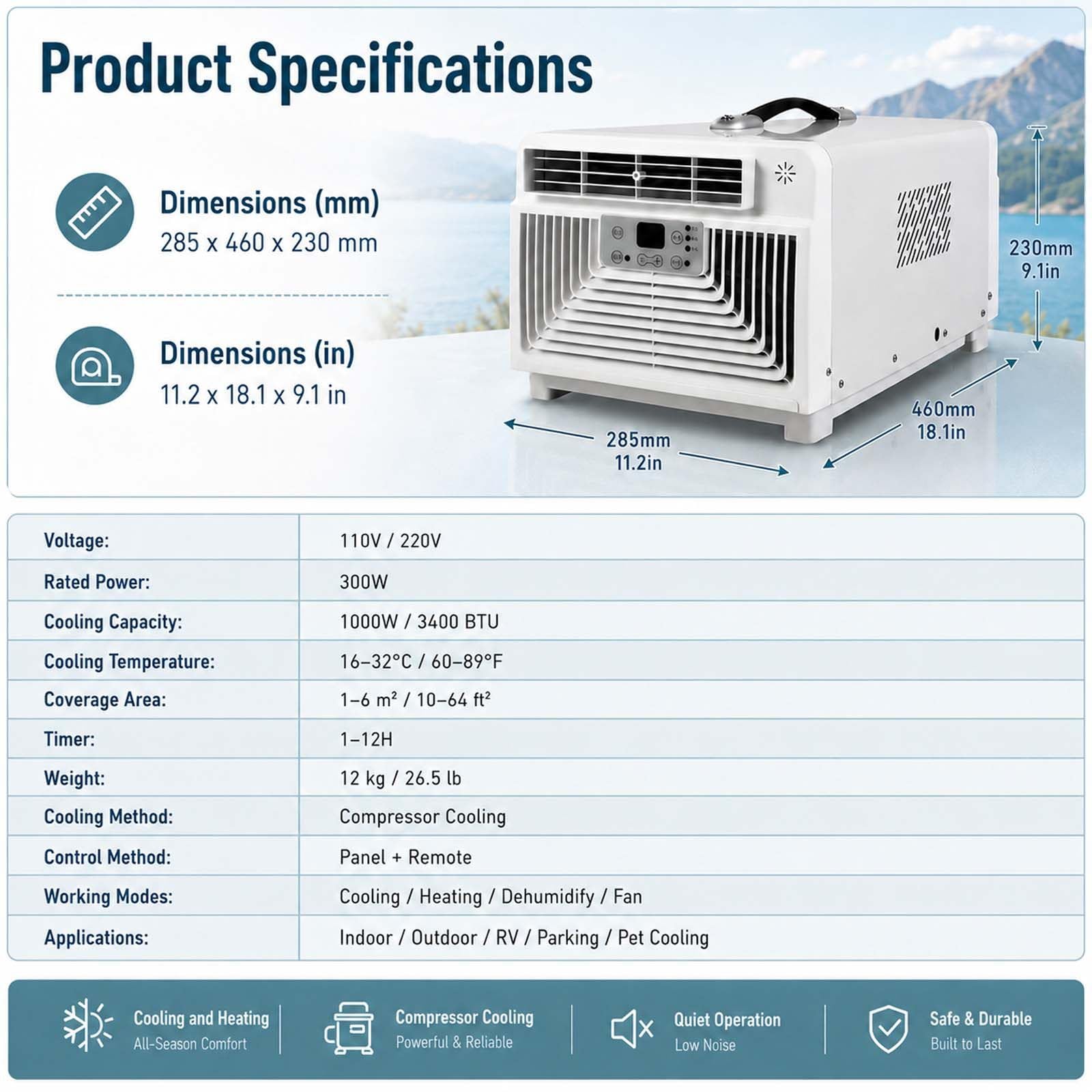 Condizionatore Portatile Inverter da 3400 Btu con Raffreddamento (15-32°C) per Tende, Camper e Camion (1-6 M²), Timer 12 Ore 220V