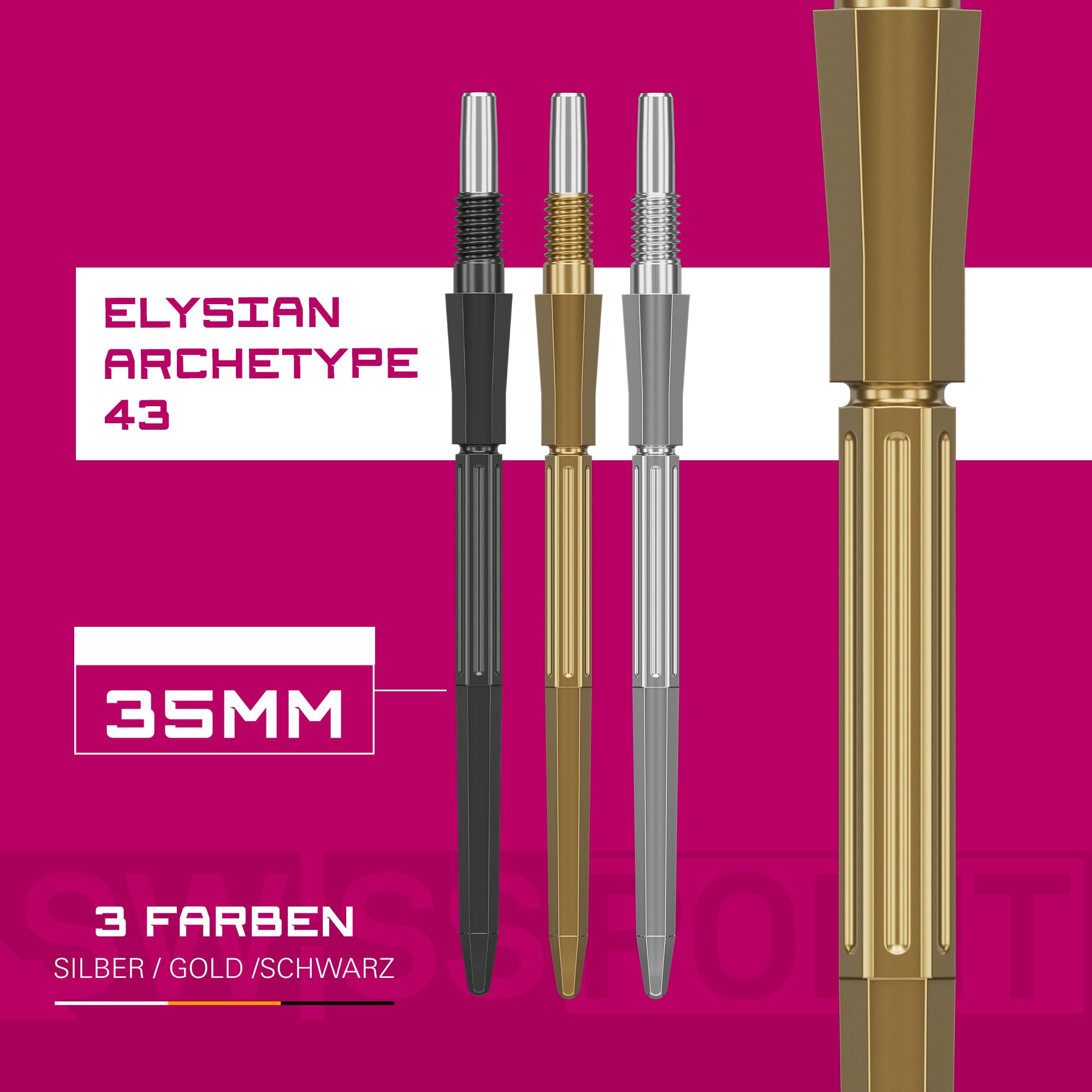 Target Darts Elysian Archetype 43 Swiss Point | 3er-Pack Set mit Spitzen | 30 mm/35 mm/42 mm – Gold/Silber/Schwarz | Dartspitzen austauschen, Swiss Storm-Spitzen, professionelles Dartzubehör