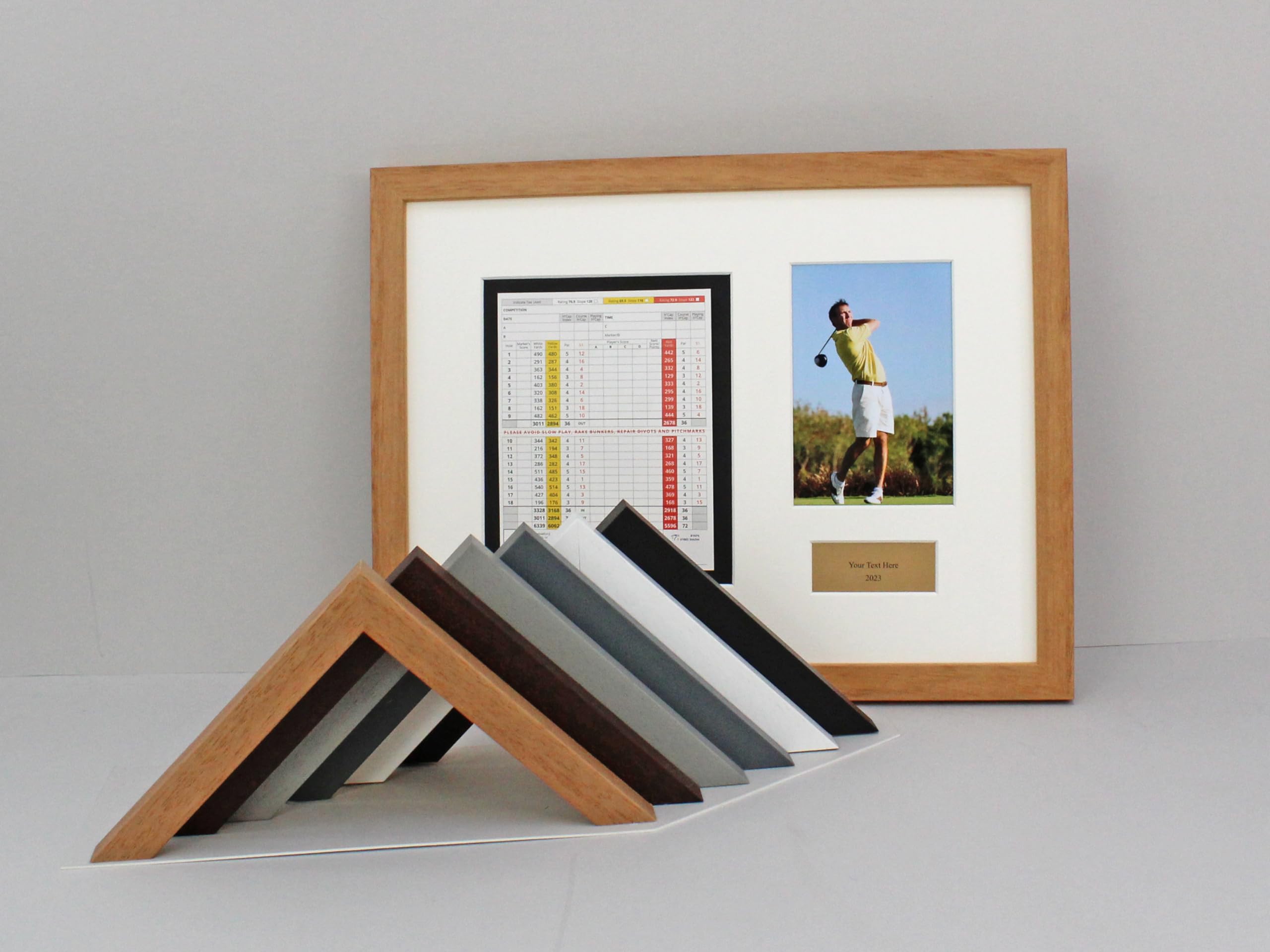 Personalised Golf Score Card Display Frame, With 6x4 Photo. 30x40cm Frame | Score Card sizes can vary - Check your size before purchase. (Black Frame - Black Mount - Gold Plaque)