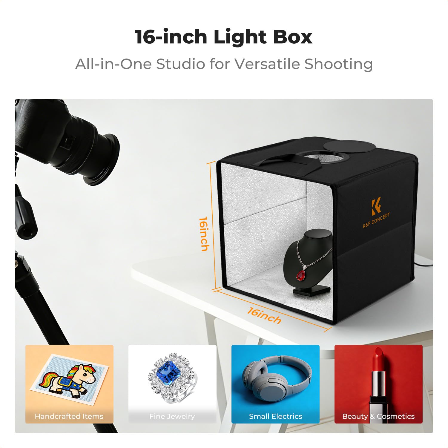 K&F CONCEPT Set Studio Fotografico Pieghevole 40x40 cm, Mini Light Box Dimmerabile 5500K con Illuminazione e 6 Sfondi PVC per Gioielli, Alimentazione USB 5V/2A