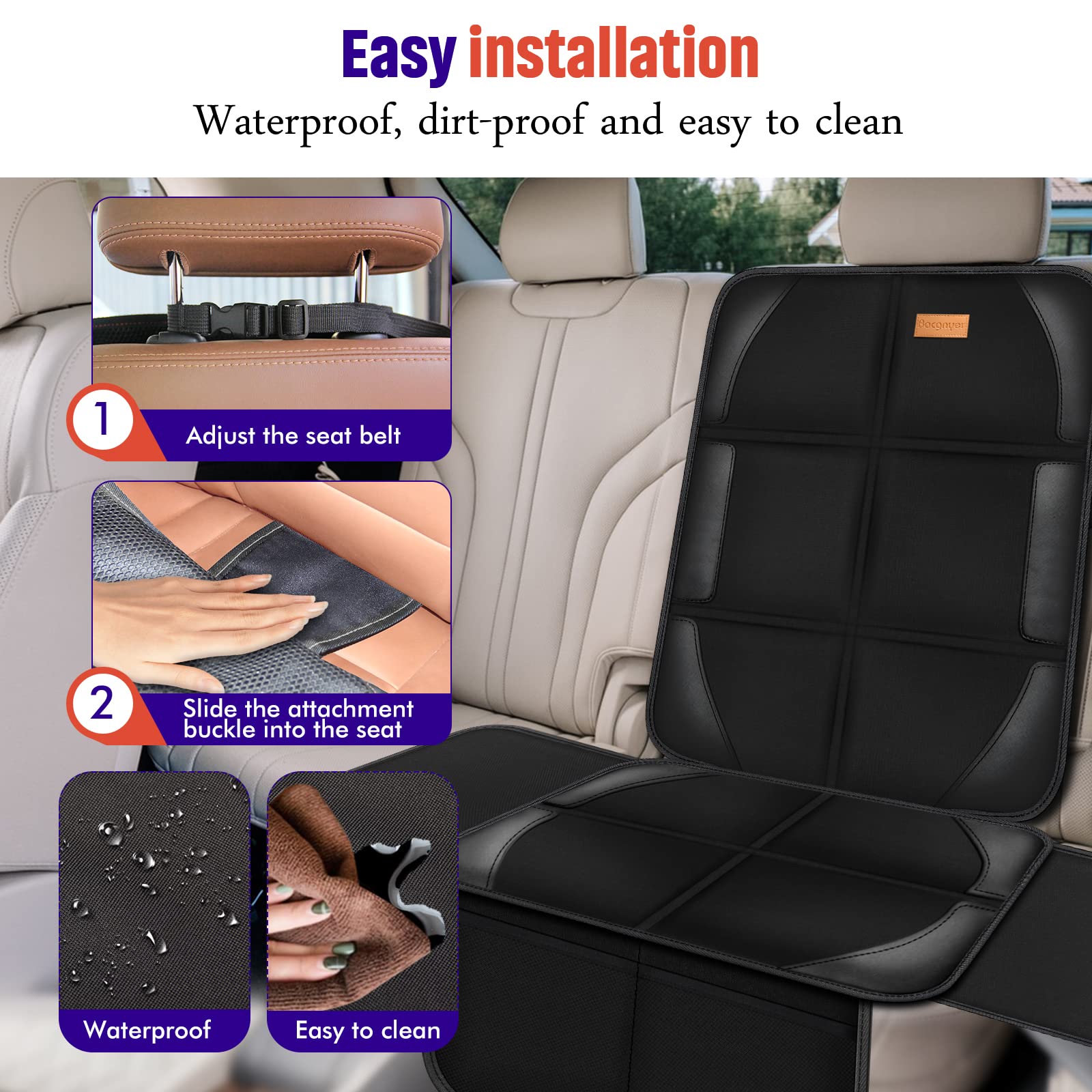 Bacgnyer Car Seat Protector, 2 Pack of Seat Protectors, Thickest Padded 600D Fabric Padding, Waterproof, Durable, Anti Slip Backing, Child Seat Protection, Suitable for Babies, Toddlers, Children