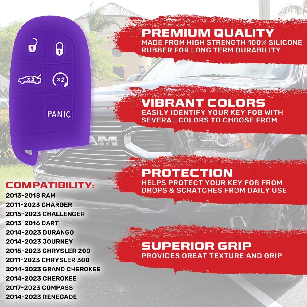 RECON Fits 13-18 Dodge RAM 1500, 2500, 3500 Premium Quality 100% Silicone Rubber Rugged Key Fob Protection Cover 5 Button with Glow in The Dark Buttons (Purple)