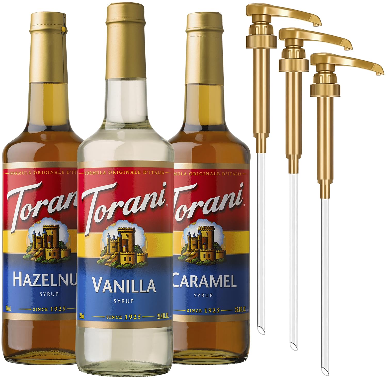 ToraniCoffee Syrup, Vanilla, Caramel, and Hazelnut Variety 3-Pack, Flavoring for Drinks, Pumps Included, 25.4 Fl Oz Ea