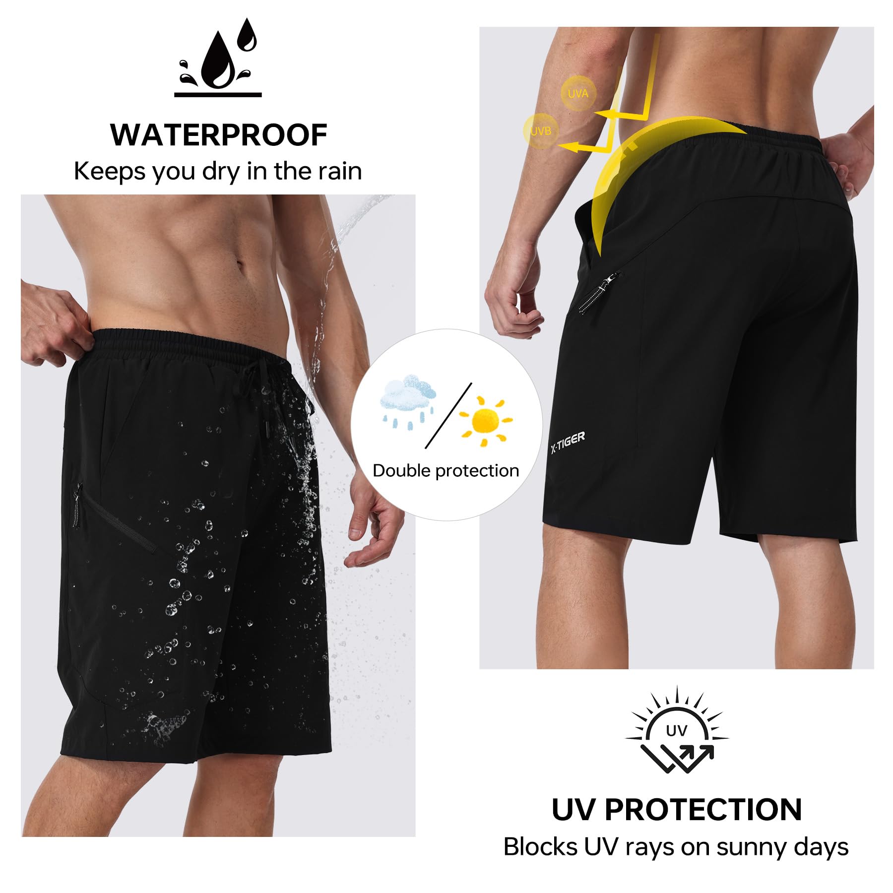 X-TIGER Culotte Ciclismo Pantalones Cortos MTB para Hombre 5D Gel Acolchado | Pantalon Montaña 4 Bolsillos Cinturilla Elástica con Cordón Transpirables Secado RáPido Impermeable