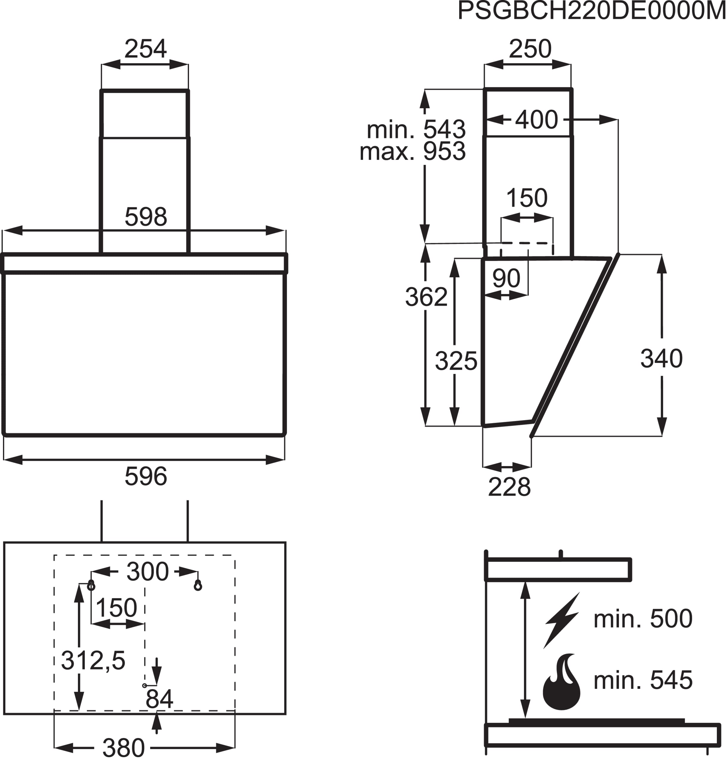 AEG Serie 7000 Kopffreie Wand-Dunstabzugshaube 60 cm Hob2Hood Abluft Umluft 500 m³/h Touch-Bedienung Schwarz DVE5661HB
