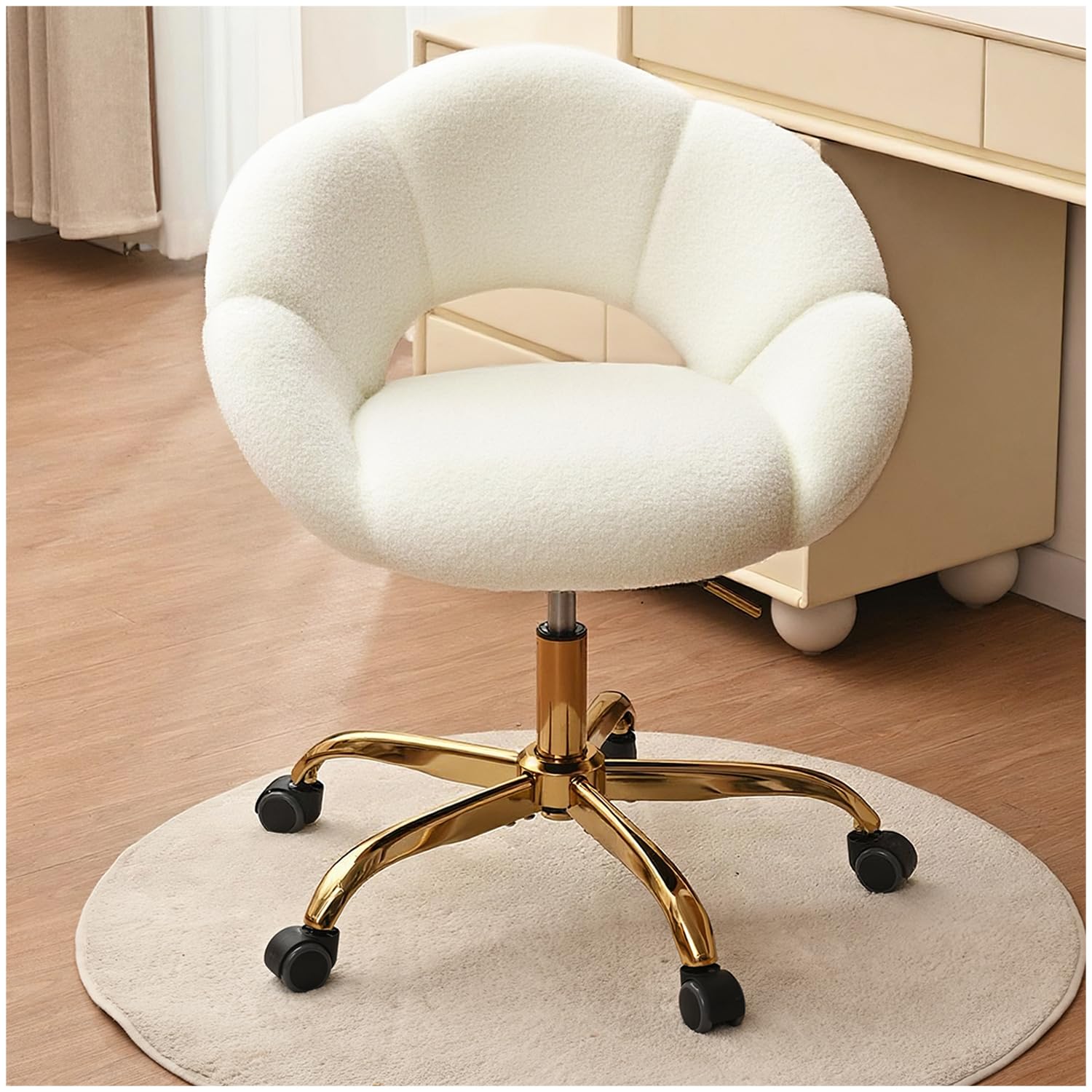 Silla de escritorio, silla de tocador y silla de escritorio, silla giratoria de oficina, altura ajustable, patas doradas, silla de maquillaje estética con ruedas para dormitorio, oficina,Beige