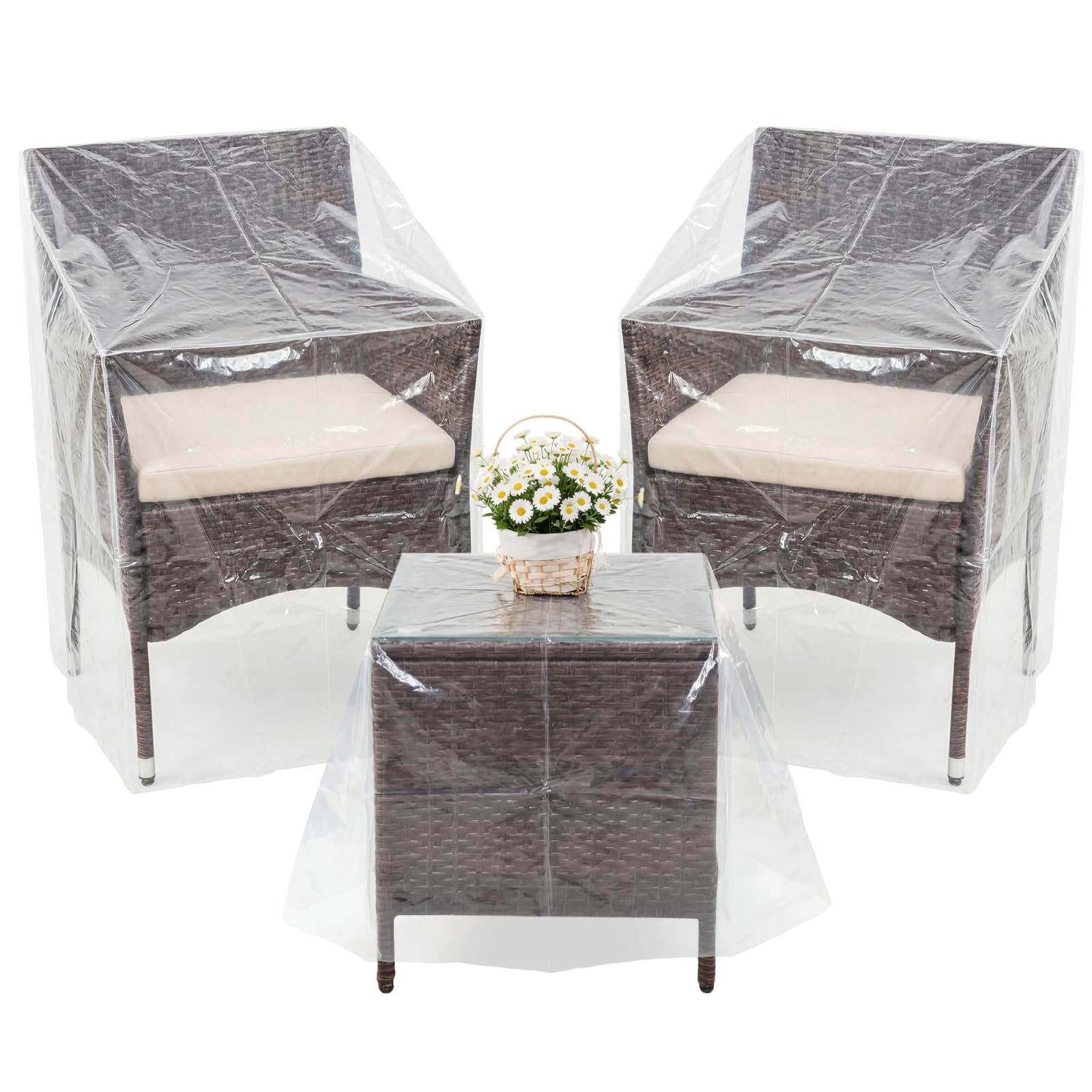 Photo 1 of FunooFuno 3 Pcs Clear Plastic Patio Furniture Covers Outdoor Furniture Covers Waterproof Chair and Table Couch Protector for Outside Heavy Duty Patio Storage and Moving 23 x 23 x 25, 29 x 41 x 27 in