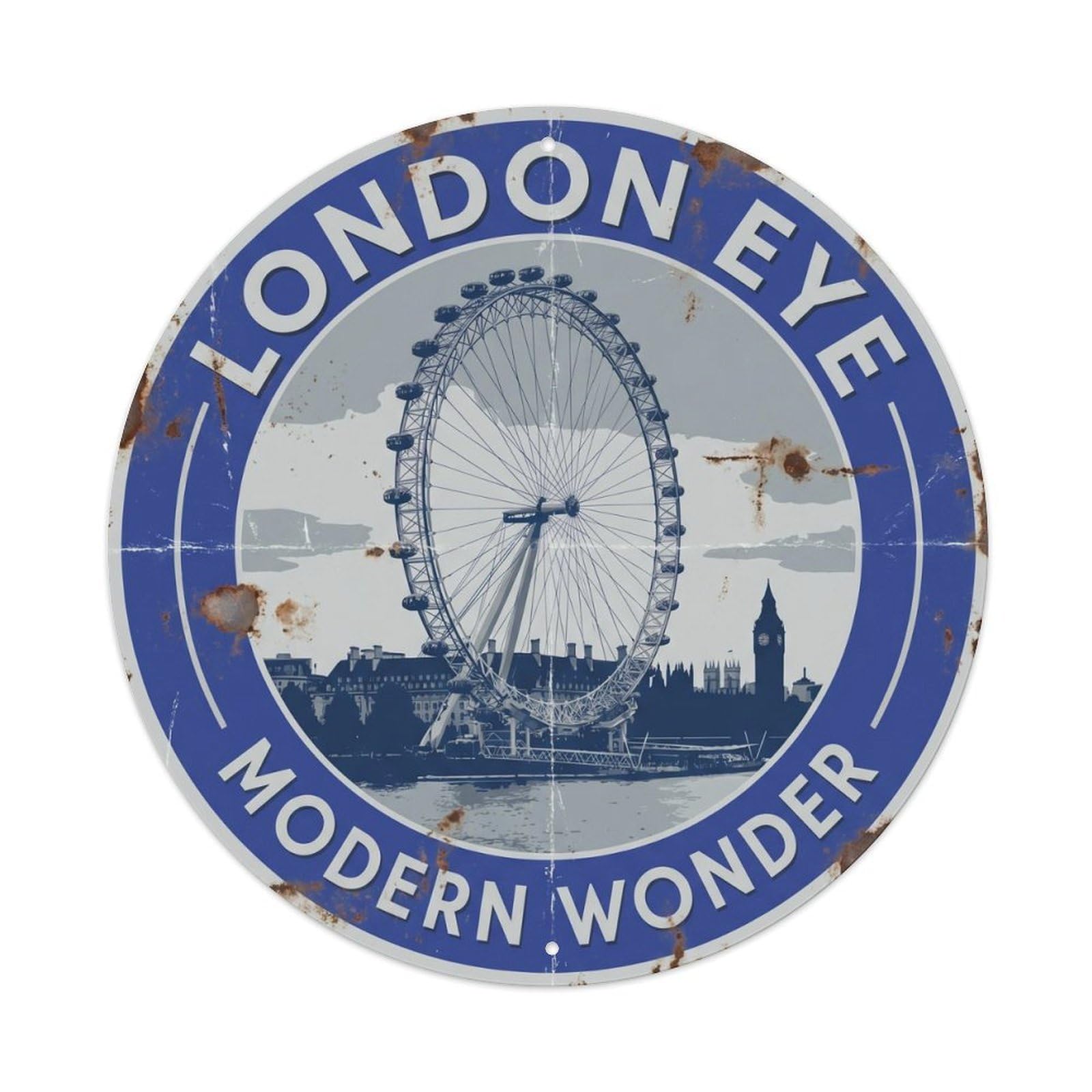 Vintage Travel London Eye Thames 2 Metal Tin Sign Plaque Wall Decor for Cafe, Club, Garden Round Metal Poster 8x8Inch