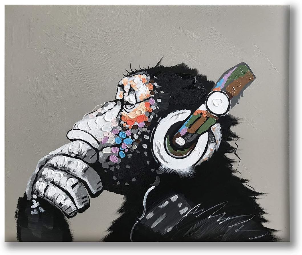 YatehuiCool Ape Oil Painting on Canvas 100% Hand Painted Pop Art Funny Gorilla Thinking Monkey Listening to Music with Headphone Canvas Wall Art Framed Ready to Hang 24 x 20 Inches