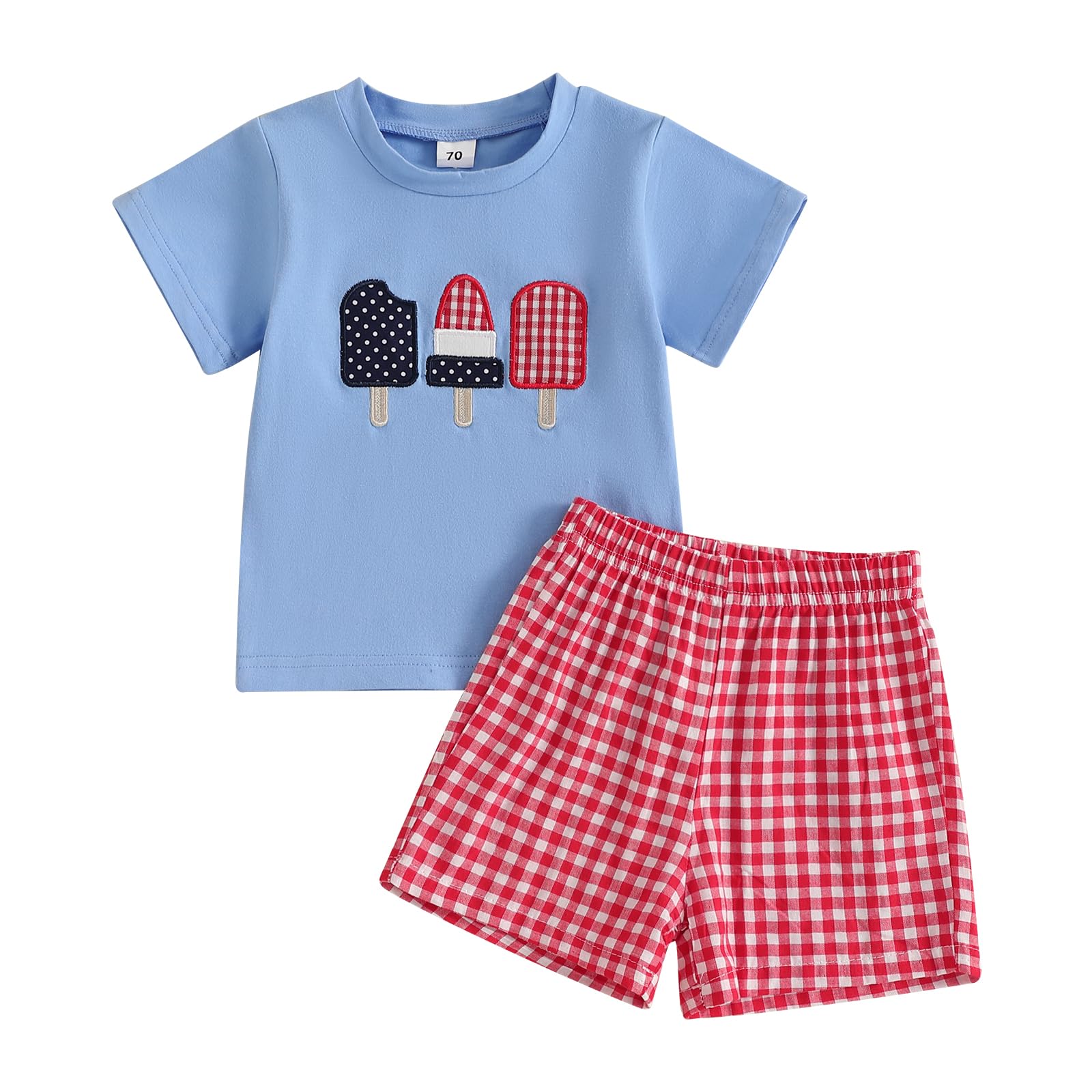 Bonangber Toddler Boy 4th of July Outfit Popsicle Embroidery Short Sleeve T Shirt Plaid Shorts Set Fourth of July Baby Boy Outfit(D-Blue 4th of July,18-24 Months)