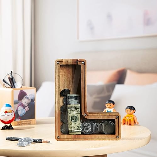 Miniatura 4 de Alcancía con nombre personalizado, 26 letras láser con texto personalizado, banco de monedas de madera, significado educativo, alcancía con nombre