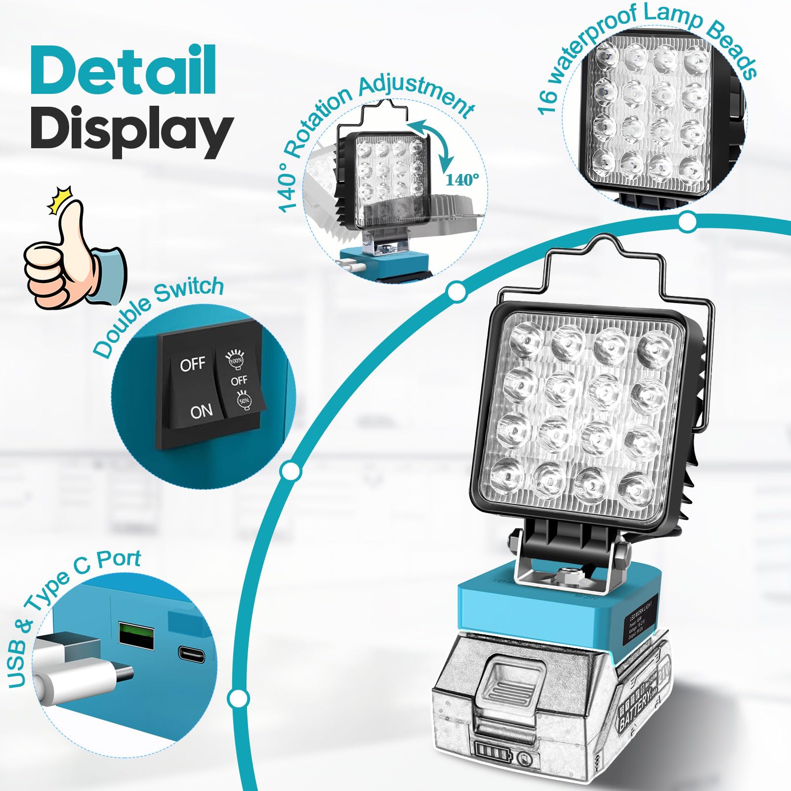 Lámpara con Batería para Makita 18/21 V, 48 W, 2 Ajustes de Brillo, Luz de Trabajo LED Inalámbrica con Bateríe, 4800 LM, Foco LED Portátil, Lámpara con Tipo C y Carga USB (sin Batería)