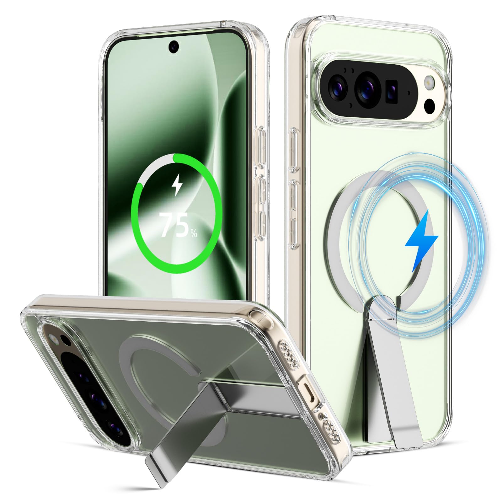 Photo 1 of Jelanry Magnetic Case for Google Pixel 9/9 Pro/ 10/10 Pro 6.3-inch, Compatible with MagSafe, Built-in Kickstand, Rugged Shockproof Slim Matte Back Cover Anti-Fingerprint Protective Phone Case, Clear