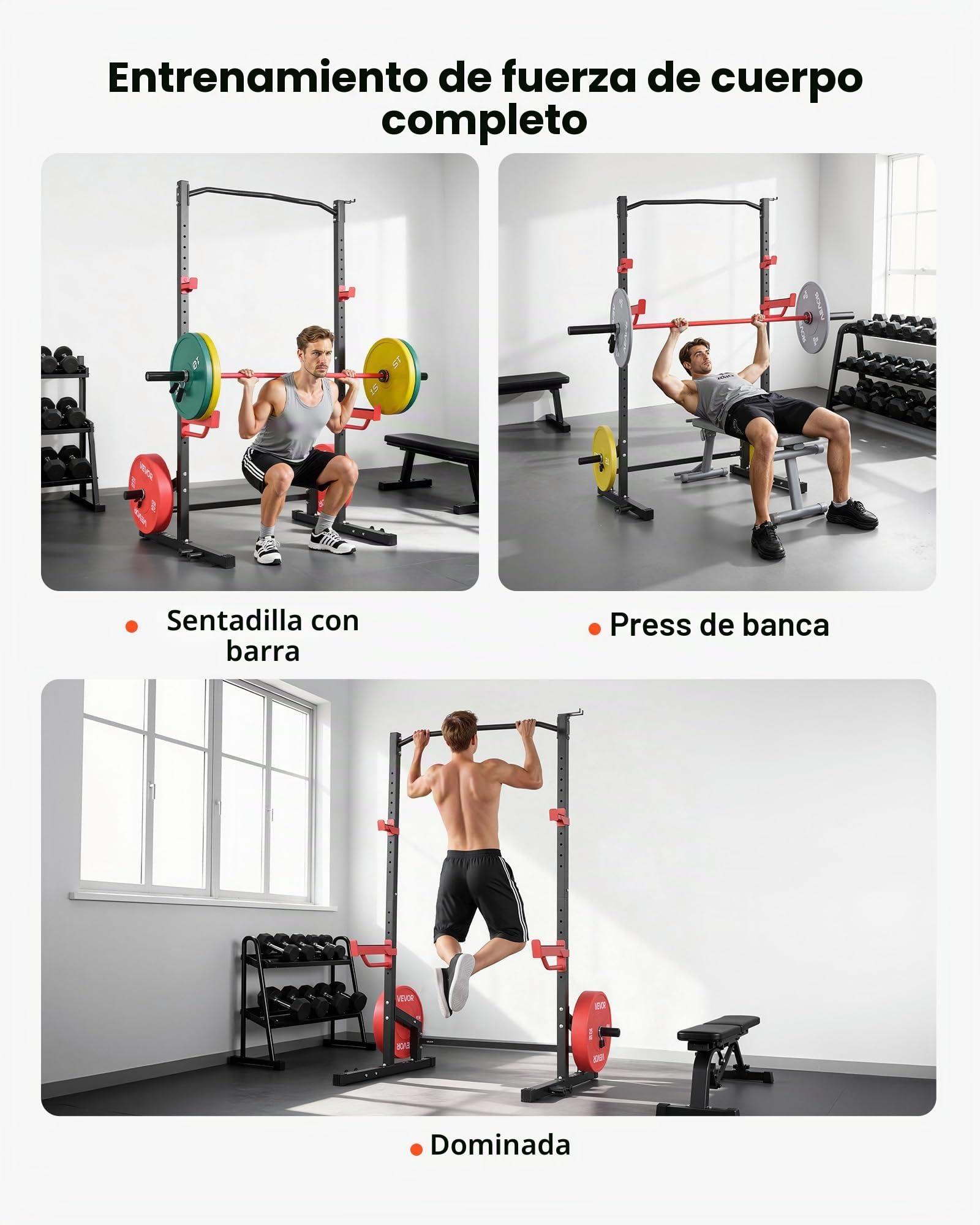 VEVOR Jaula de Potencia Multifuncional para Gimnasio en Casa, con 4 Clavijas para Bandas, Ganchos en J Ajustables y Barras de Seguridad para Sentadillas con Barra, Press de Banca y Dominadas