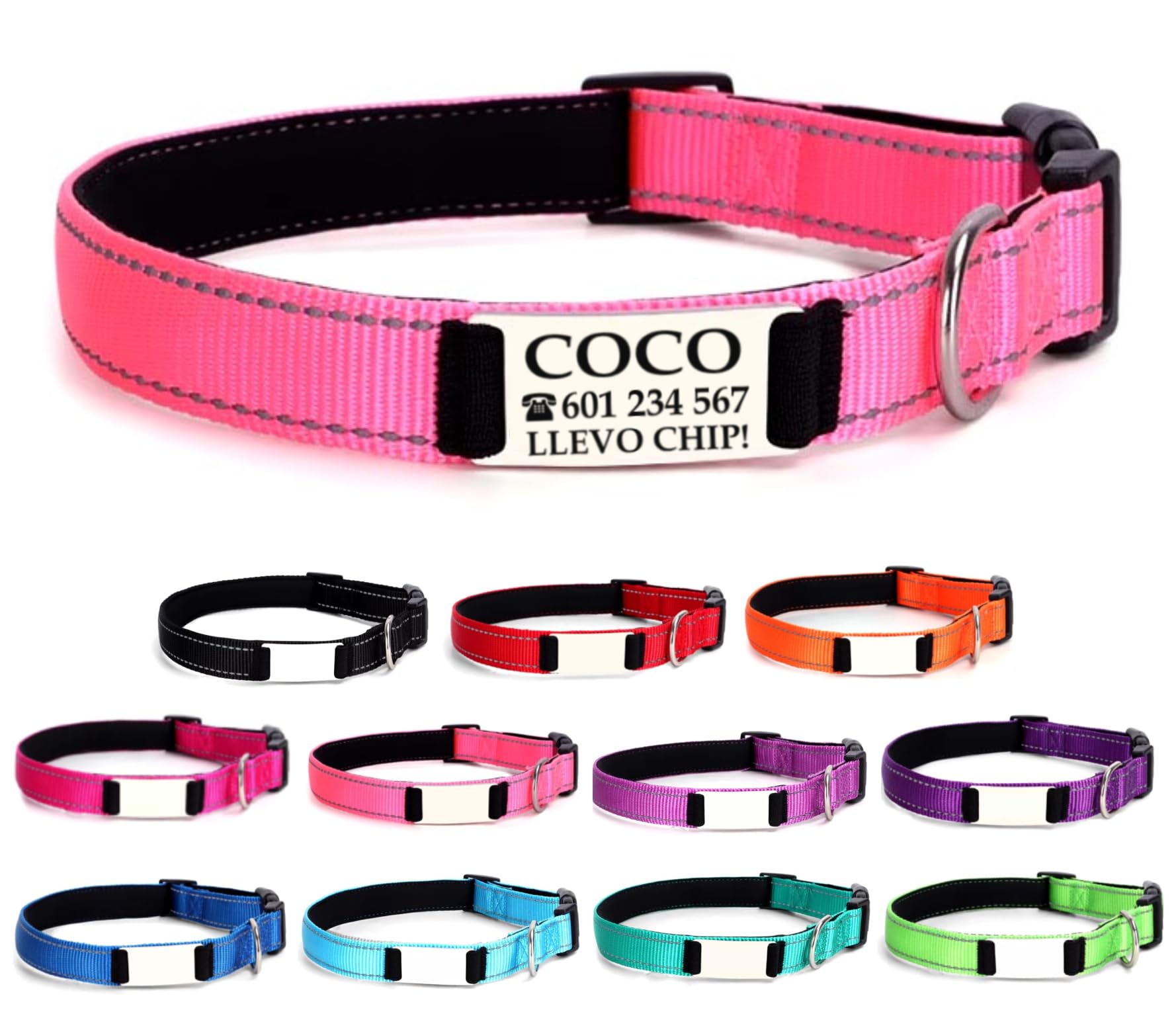 Collar Perro Personalizado con Nombre para Mascotas Pequeñas, Reflectante, Ajustable De 25 a 40 cm, Grabado Láser, Seguro y Cómodo (Rosa, S pequeño)