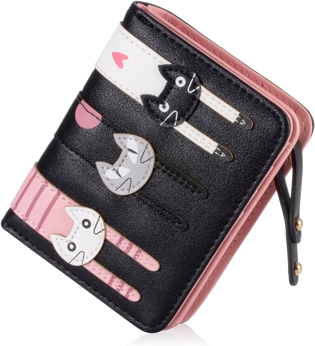 Women's Wallet Short Cartoon Cute Cat Wallet Coin Purse Bifold Purse with Zipper (Black)