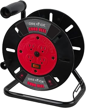 Heavy Duty Extension Cord Storage Reel with 4-Grounded Outlets, 10A Circuit Breaker, Retractable Hand Wind, Portable Empty Hand Crank Open Cord Reel for 12/3 14/3 16/3 Gauge Power Cord, Red