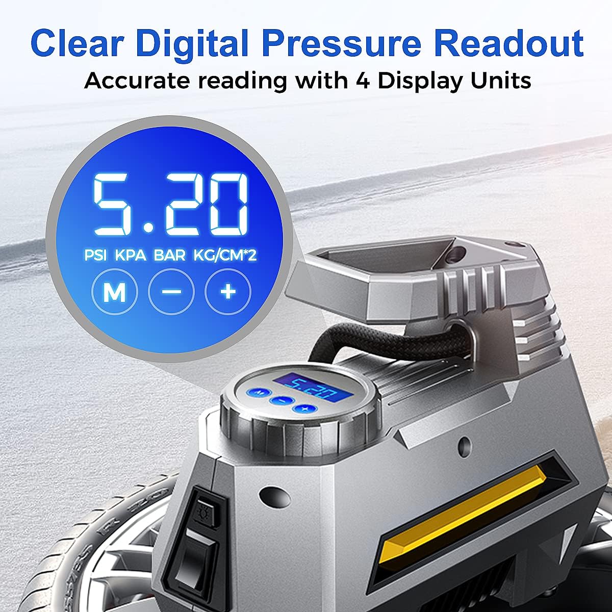 Digital pressure gauge display showing 5.20 PSI, KPA, BAR, KG/CM^2 options