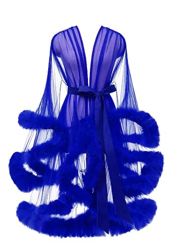 Yexinbridal Tulle Feather Robe Sexy Sheer Mesh Fur Bridal Illusion Boudoir Bathrobe Nightgown Christmas Lingerie