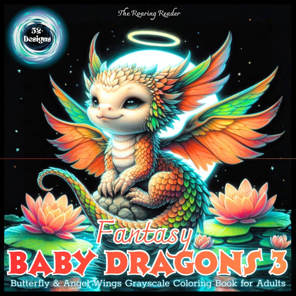 Fantasy Baby Dragons 3 Butterfly & Angel Wings Grayscale Coloring Book for Adults: Featuring Adorable Tiny Dragons with Butterfly and Angel Wings in ... - Black Background makes your colors POP!)