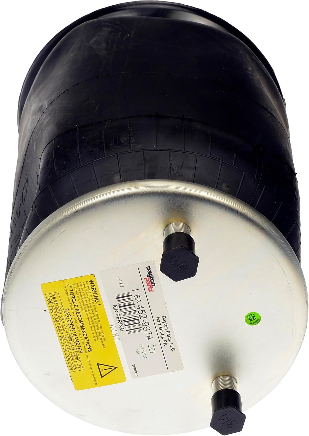 Dayton Parts 452-9974L Air Spring, Rolling Lobe, Aluminum Piston, 14.76" Static Height, 9" Top Plate Diameter, 10.16" Piston Diameter, Two Stud Top Plate, One Stud Piston