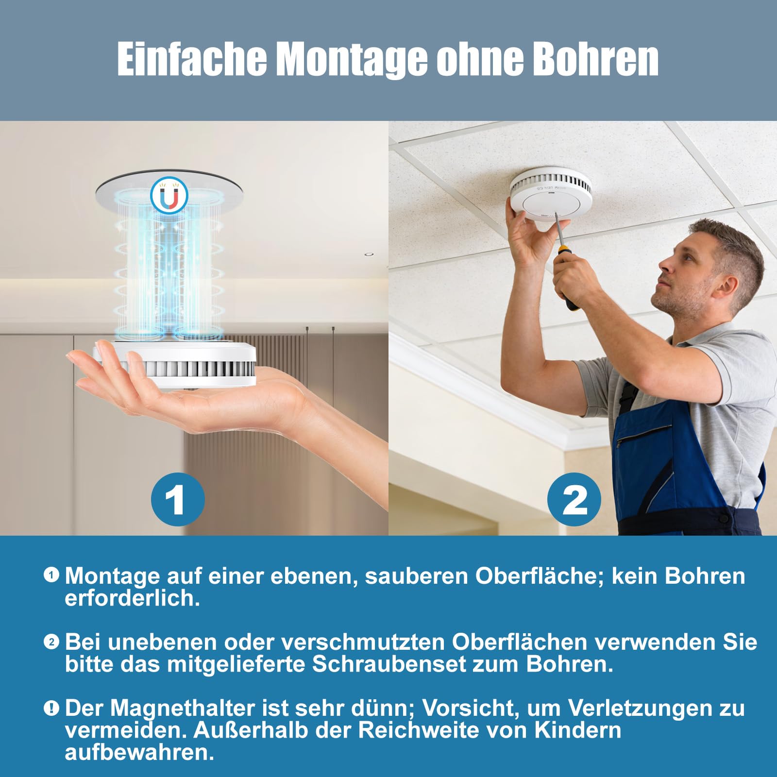 Tüvrheinland Rauchmelder 10 Jahre Batterie Magnethalter Ohne Bohren Feuermelder 4 Stücke EN14604