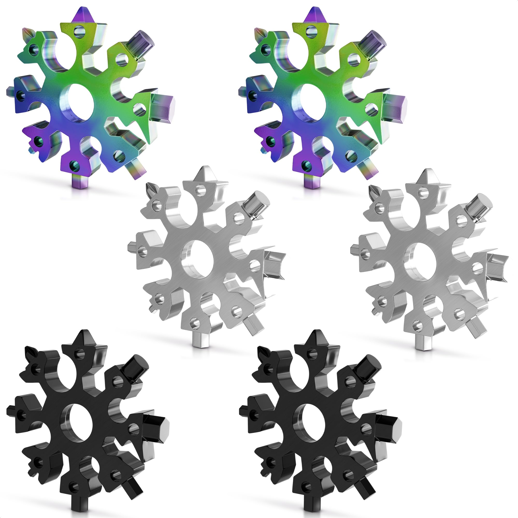 KETAR 6 PCS 18-in-1 Stainless Steel Snowflake Multi-Tool Portable Keychain Screwdriver Bottle Opener Tool for Outdoor Camping - Bicycle Multitools Cool Gadgets Gift Idea (Silver, Multicolor, Black)