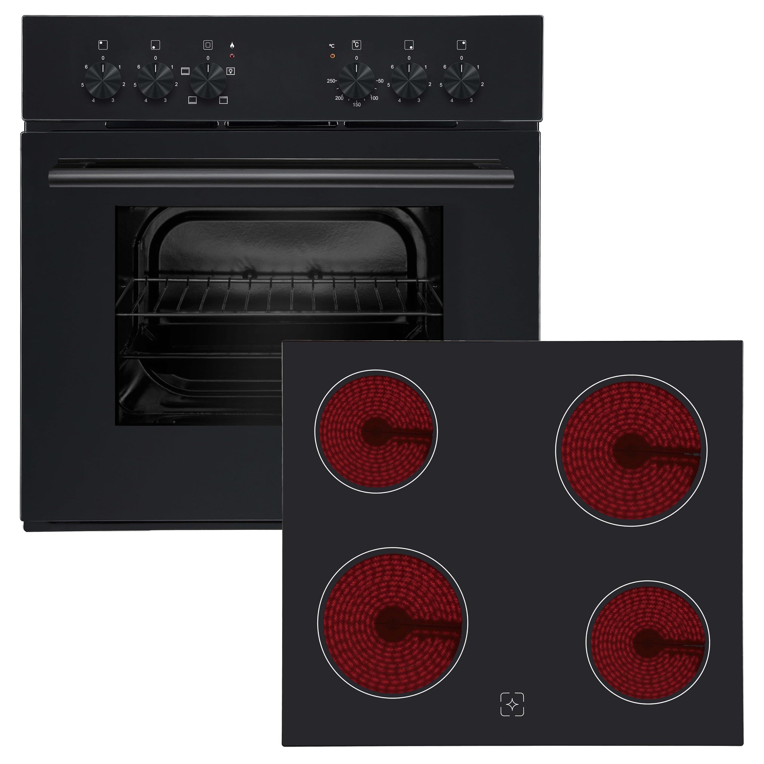 Respekta Einbau Herdset Viktor| Backofen mit Glaskeramikkochfeld | 60 Liter Garraum | Energieeffizienzklasse A | 4 Kochzonen | 6 Leistungsstufen | schwarzes Glas | Einbauherd Set 60 cm