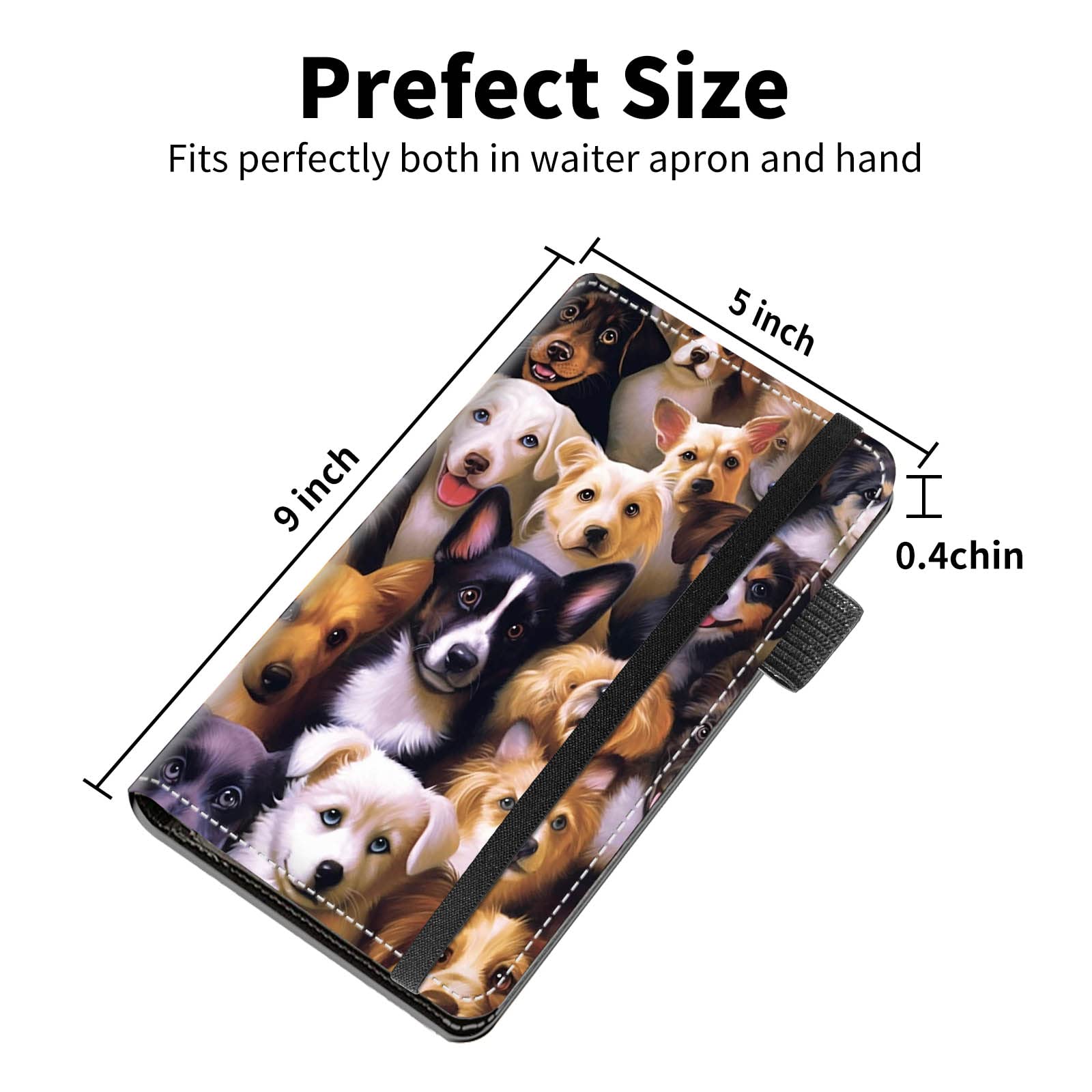 Server Book for Waitress & Waiter 9 x 5 Inch, Hidden Zipper Pockets & ID Holder,11 Money Pockets Fit for Server Waiter Books Guest Check Holder Restaurant Waitstaff Organizer for Apron,Many Dog