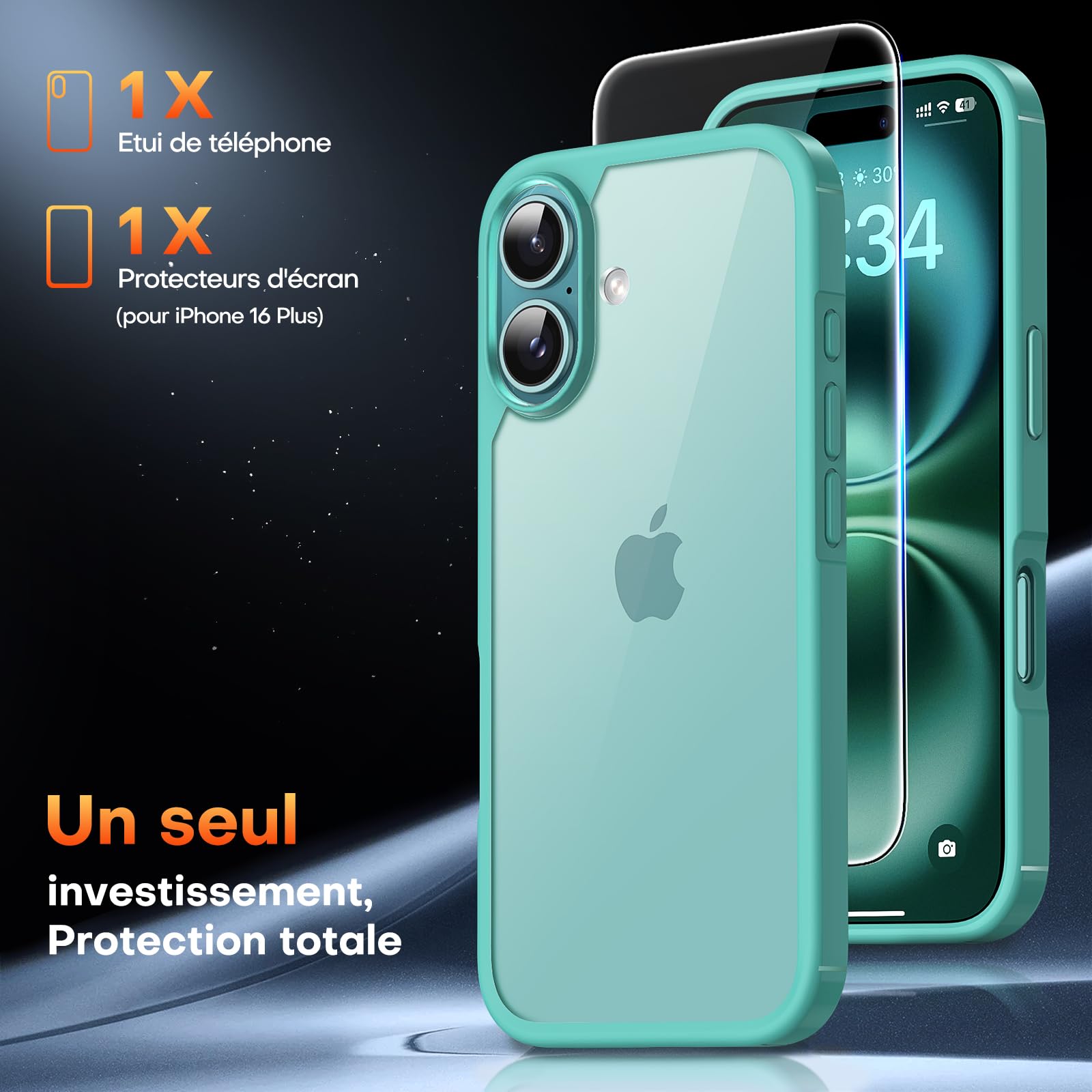 TAURI Coque pour iPhone 16 Plus avec Protection D'écran en Verre Trempé,Protection Militaire,Coque Bumper Transparente Antichoc - Vert