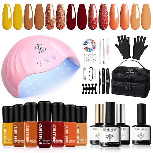 Modelones Kit de manicura de gel de otoño con iniciador de luz UV, 7 tonos de amarillo, naranja, brillante, rojo, kit de esmalte de uñas de gel base