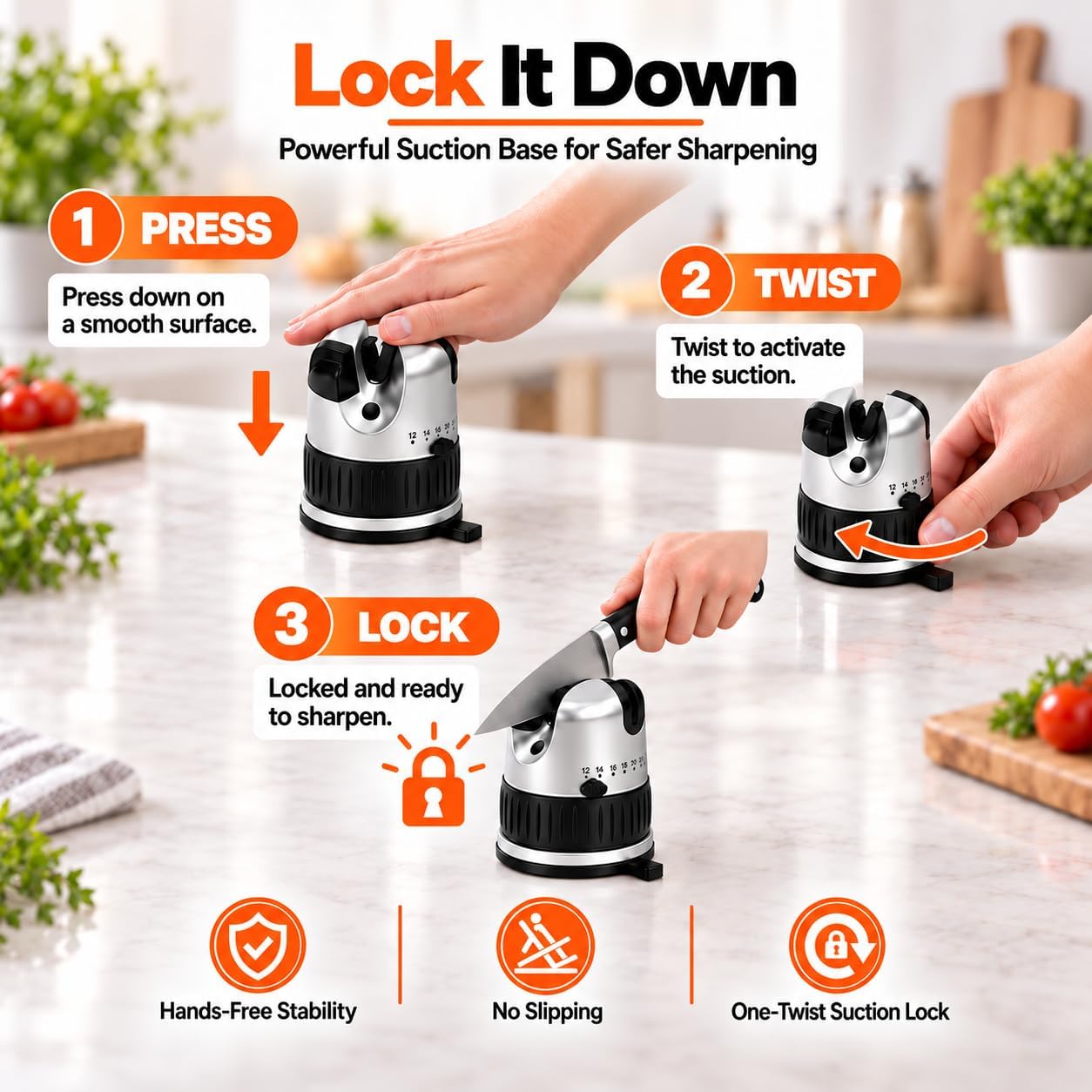3-Stage Knife Sharpener, 12°–22° Adjustable Angle, Strong Suction Base