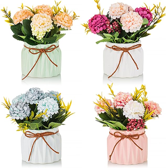 Artificial Flowers in Vase Decoration: Blosmon 4Pcs Fake Flower with Vases for Table Decorations Small Plastic Floral Arrangements Indoor Room Window Desk Centrepiece Silk Plant Bouquet Decor