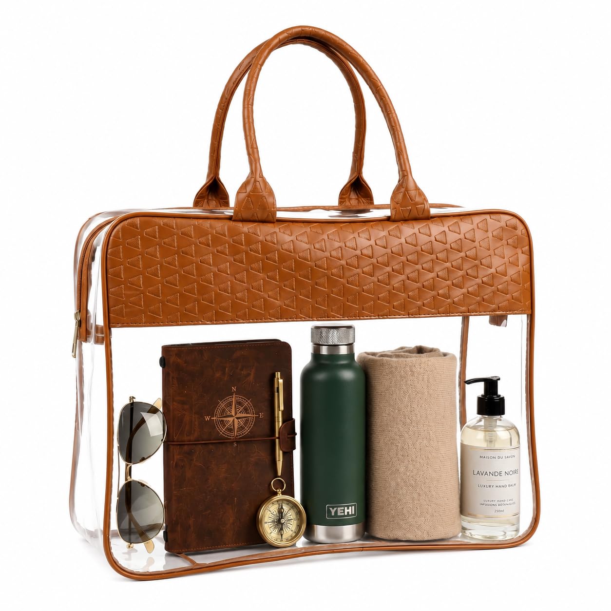 Clear Tote Bag with Brown Embossed Leather Handles, Transparent PVC Travel Organiser Handbag-picture-54