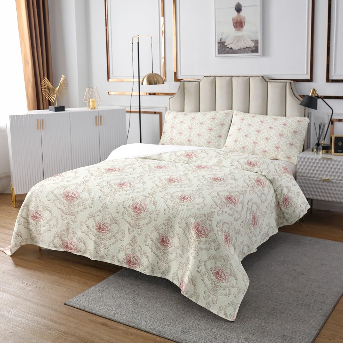 Homewish Damask Floral Bedspread 220x240cm Romance Girly Damask Tagesdecke Bettüberwurf Beige Rosa Coquette Steppdecke 2 Kissenbezüge Gothic Flowers für Kinder und Teenager Erwachsene Bettüberwurf
