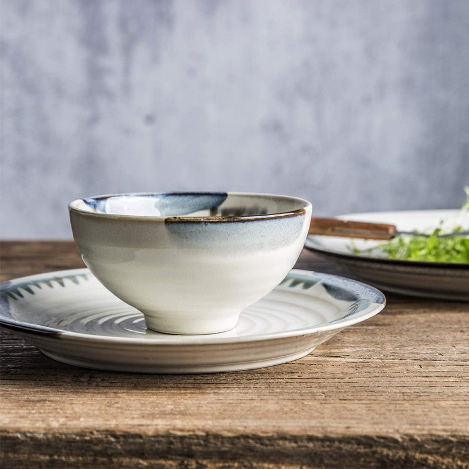 Vajilla de cerámica de 28 Piezas Estilo japonés | Platos de Carne y Cuencos de Cereales de Porcelana para restaurantes y reuniones Familiares