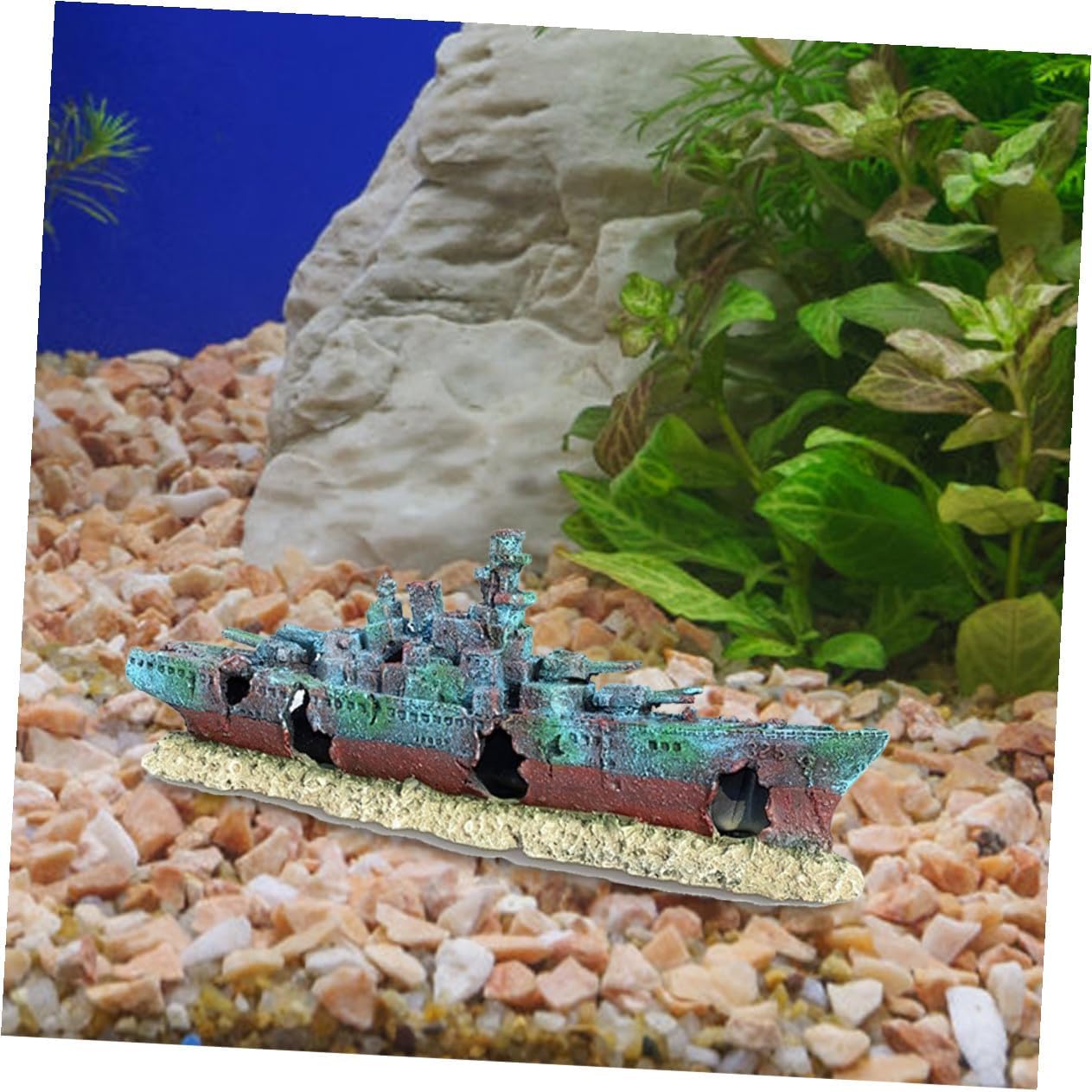 Outanaya Aquarium Shipwreck Decoration Fish Tank Cave Ornament Resin Sunken Warship Underwater Hideout for Betta and Tropical Fish Tank Accessories