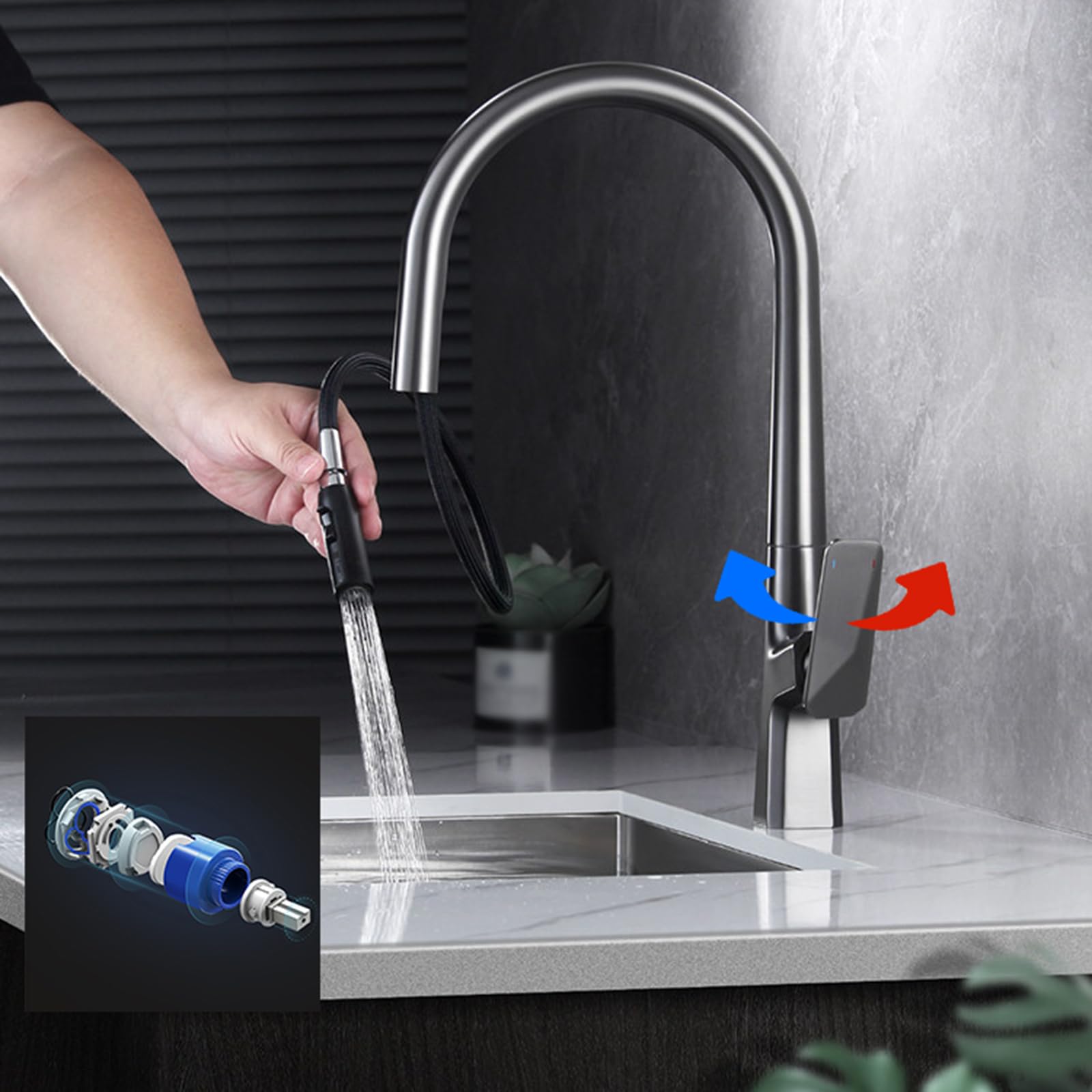 BiaoTeng Grifo Cocina para Fregadero 2 Salidas con Ducha Extraible Giratorio 360 Grados agua Fría y Caliente Grifo Cocina Extraible Laton Gris