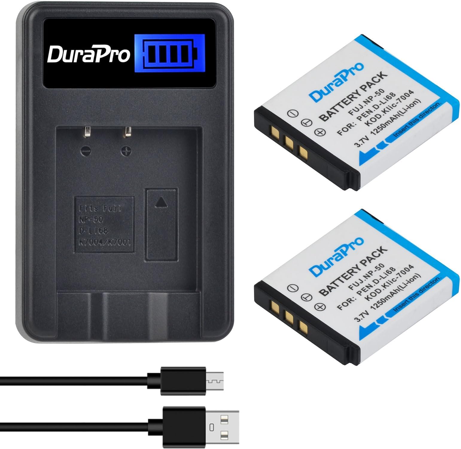DuraPro 2Pcs NP-50 NP 50 Battery + LCD USB Charger for Fujifilm FinePix F100fd; FINEPIX F200EXR; FinePix F300EXR; FinePix F50fd; FinePix F550EXR F600EXR F900EXR XP200 X10 X20
