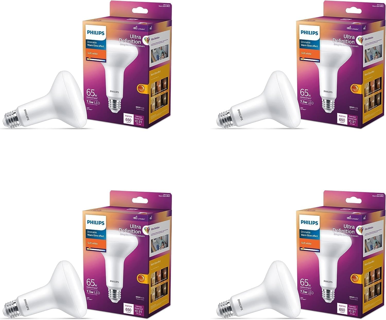 Philips LED Flicker-Free Frosted BR30 Bulb - EyeComfort Technology - 650 Lumens - Soft White (2200K) - 7.5w = 65w - E26 Base - Socket 20 Certified - Ultra Resolution