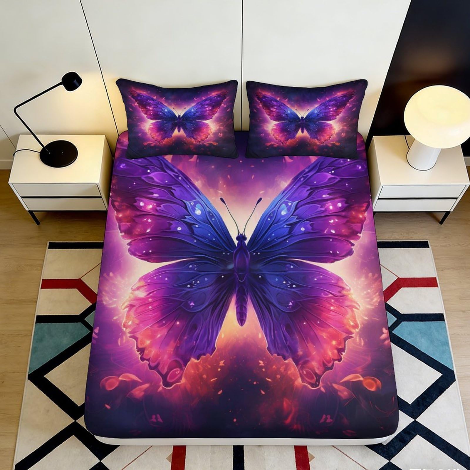 3D Printed Dream Butterfly Fitted Sheet Microfiber Deep Pocket Bedroom Bedding Butterfly Mattress Fitted Cover Non-Slip Washable for Adults Teens 200x200x25cm
