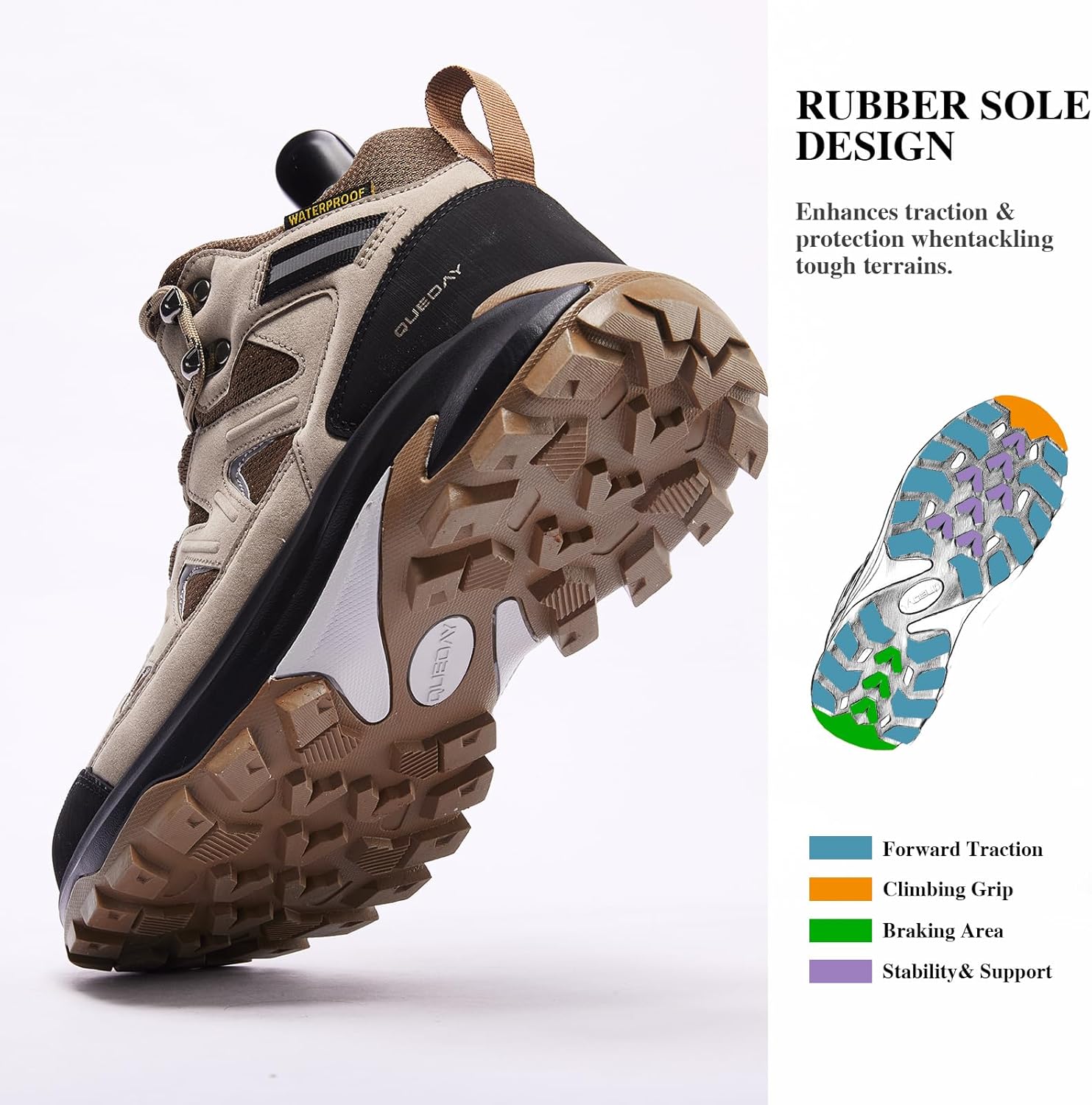 Queday Waterproof Hiking Boots for Women Men Non Slip Leather Outdoor Backpacking Shoes All Terrain Lug Sole Camping Climbing Mountaineering Trekking Trails