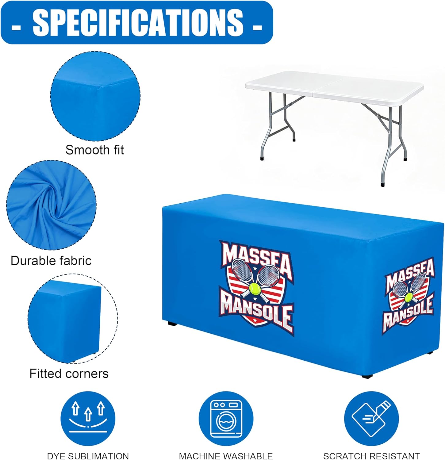 Custom Table Cloth with Business Logo for Tradeshow Events 4/5/6/8/10FT Fitted Cover for Company Shop, Charity Associations Birthday Parties (8FT Open Back)