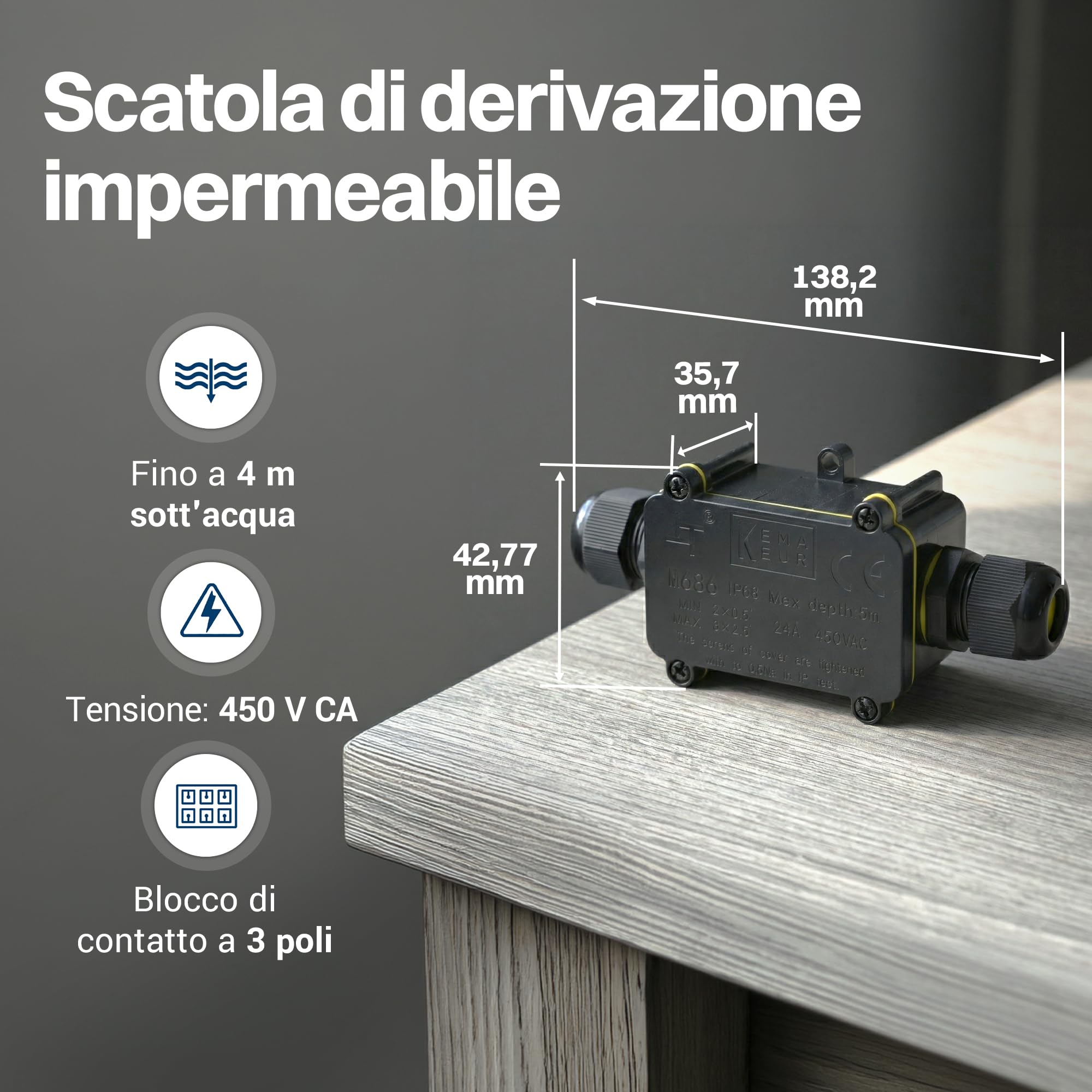 Scatola di giunzione impermeabile Intratec 10x con 2 aperture per cavi da 5-12 mm – Scatola di distribuzione esterna impermeabile IP68 installazione in giardino e cavi interrati – 138 x 43 x 36mm